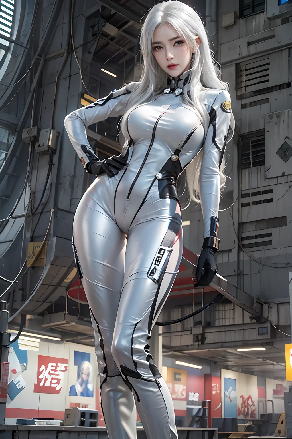 photorealistic, high resolution, 1women, solo, hips up, look at viewer, (detailed face), white hair, long hair, gantz, reika\(bodysuit\)