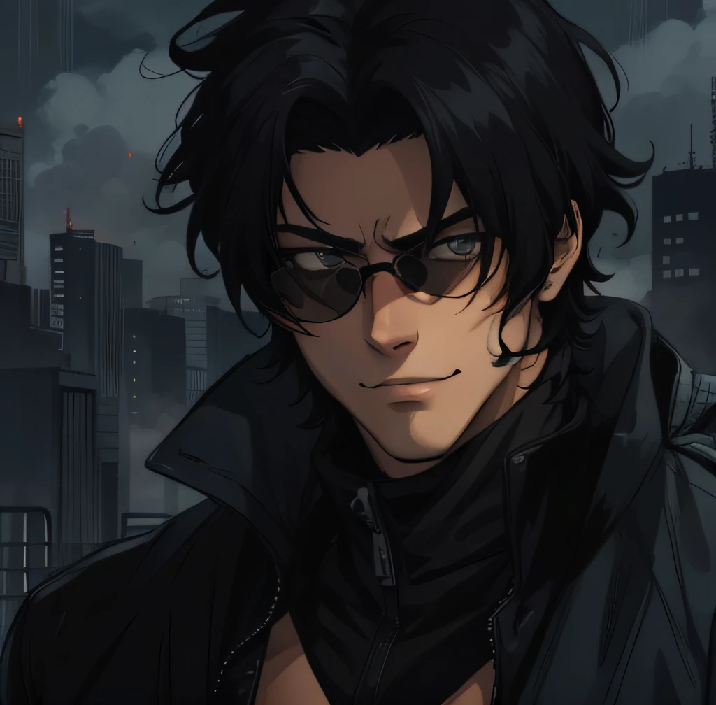 Spike Spiegel with traces of Jujutsu Kaisen, Handsome man with medium length black hair, wearing sunglasses on the bridge of the nose, revelando seus profundos olhos castanhos escuros, olhando para os espectadores, Charismatic behavior, Confident expression with a subtle smile, atmosferas hiper-realistas, detalhes, Anime dos anos 80, 8k