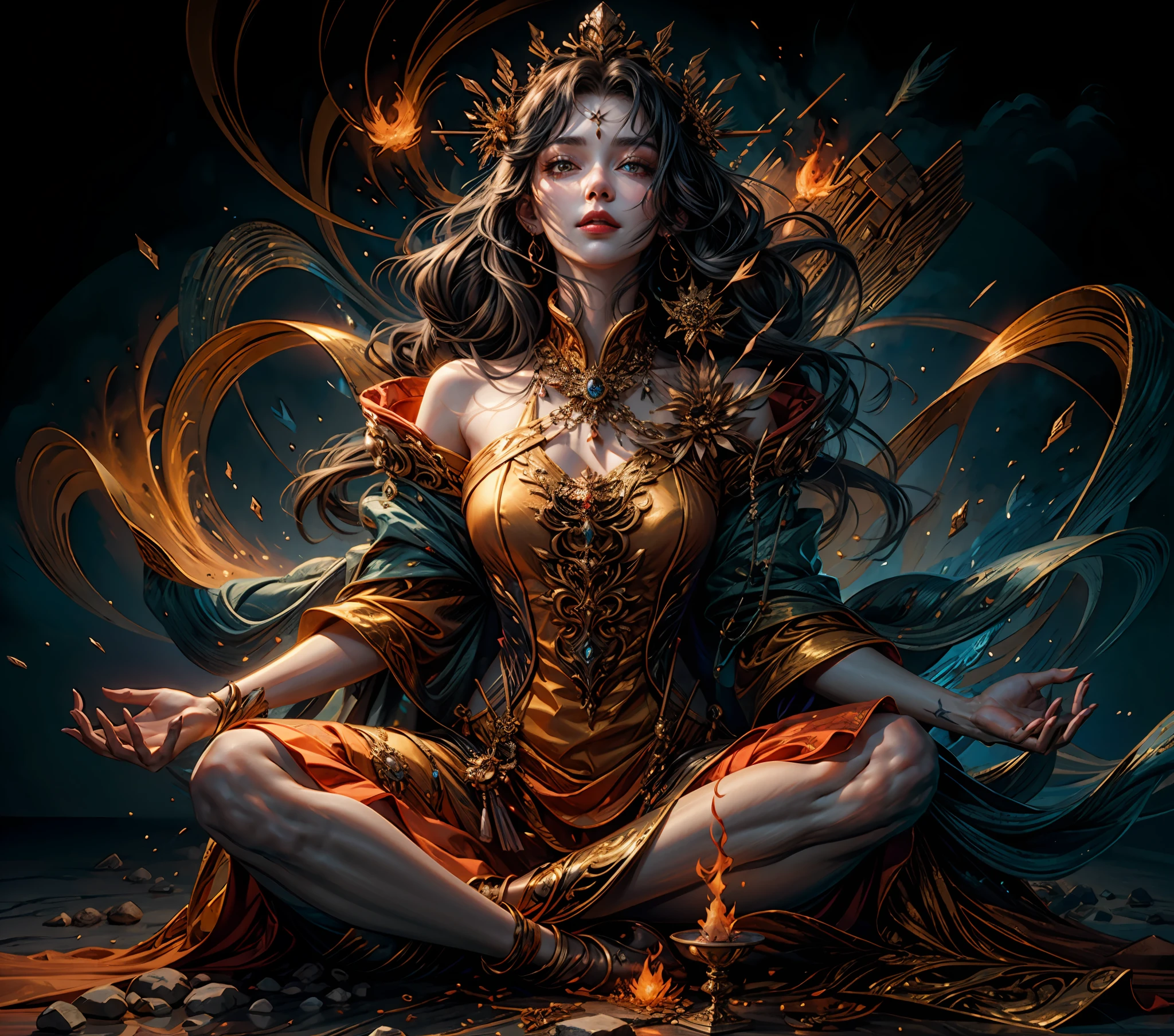 1girl, beautiful fire and lava goddess, detailed  glowing eyes, detailed face, detailed skin,mature body, tall body,seductive body,medium breast, medium thigh, lotus sitting position,BREAK magma and volcano backgrounds, holding only one golden fire scepter, phoenix in sky, highly saturating fire beam, flame ceremony, BREAK fire balls, burning crown, countless of red and orange fire spark dazzling around, burning magic circle, burning fire chain, glowing red fire seeds and feather flying around, a lot of fire, fire emblem, detailed clothes, detailed jewelry, best quality, masterpiece, trending on Art station, Detailed,Realistic,4k highly detailed digital art,octane render, bioluminescent, BREAK 8K resolution concept art, realism,by Mappa studios,masterpiece,best quality,official art,illustration,ligne claire,(cool_color),perfect composition,absurdres, fantasy,focused,