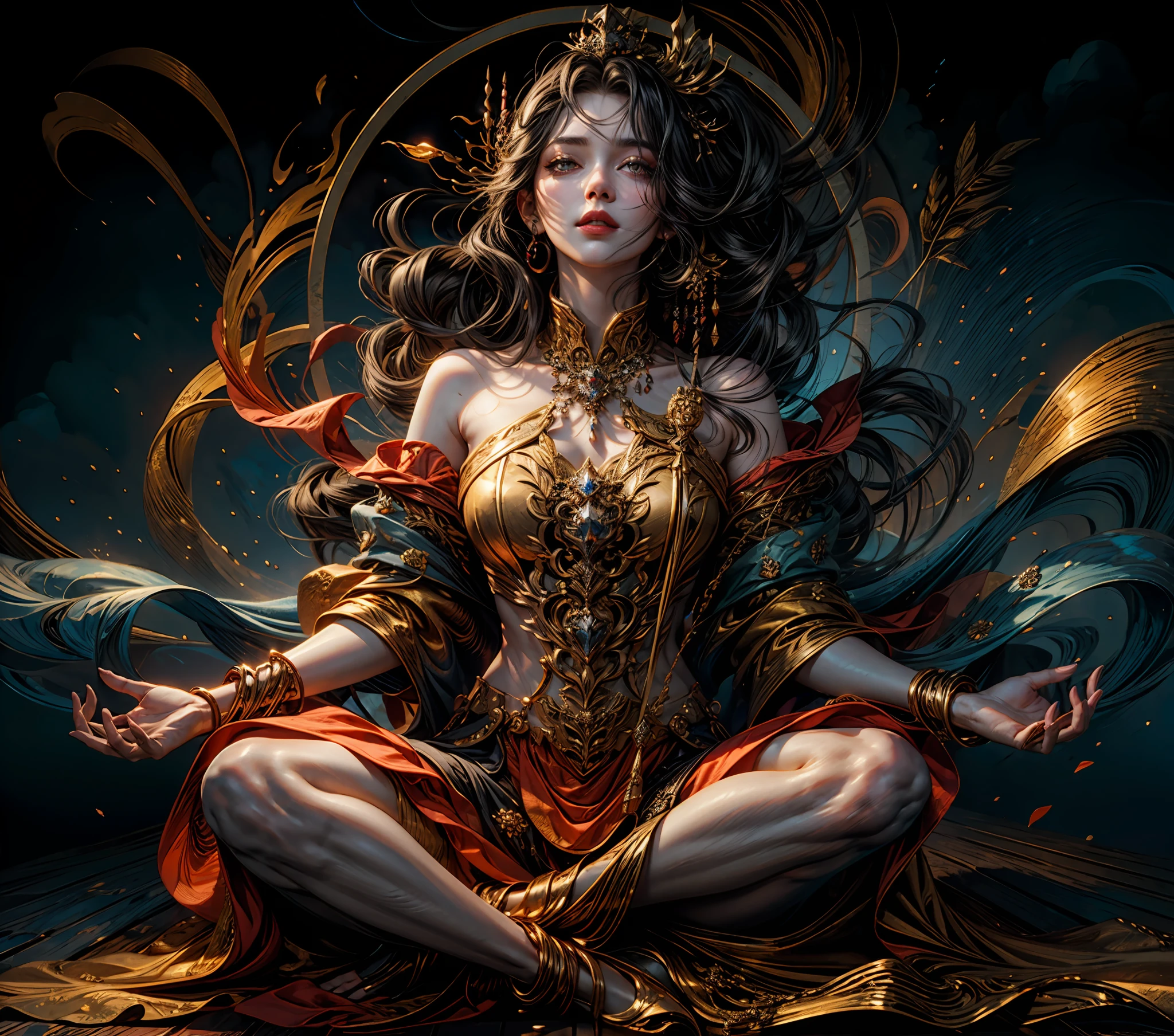 1girl, beautiful fire and lava goddess, detailed glowing eyes, detailed face, detailed skin,mature body, tall body,seductive body,medium breast, medium thigh, lotus sitting position,BREAK magma and volcano backgrounds, holding only one golden fire scepter, phoenix in sky, highly saturating fire beam, flame ceremony, BREAK fire balls, burning crown, countless of red and orange fire spark dazzling around, burning magic circle, burning fire chain, glowing red fire seeds and feather flying around, a lot of fire, fire emblem, detailed clothes, detailed jewelry, best quality, masterpiece, trending on Art station, Detailed,Realistic,4k highly detailed digital art,octane render, bioluminescent, BREAK 8K resolution concept art, realism,by Mappa studios,masterpiece,best quality,official art,illustration,ligne claire,(cool_color),perfect composition,absurdres, fantasy,focused,