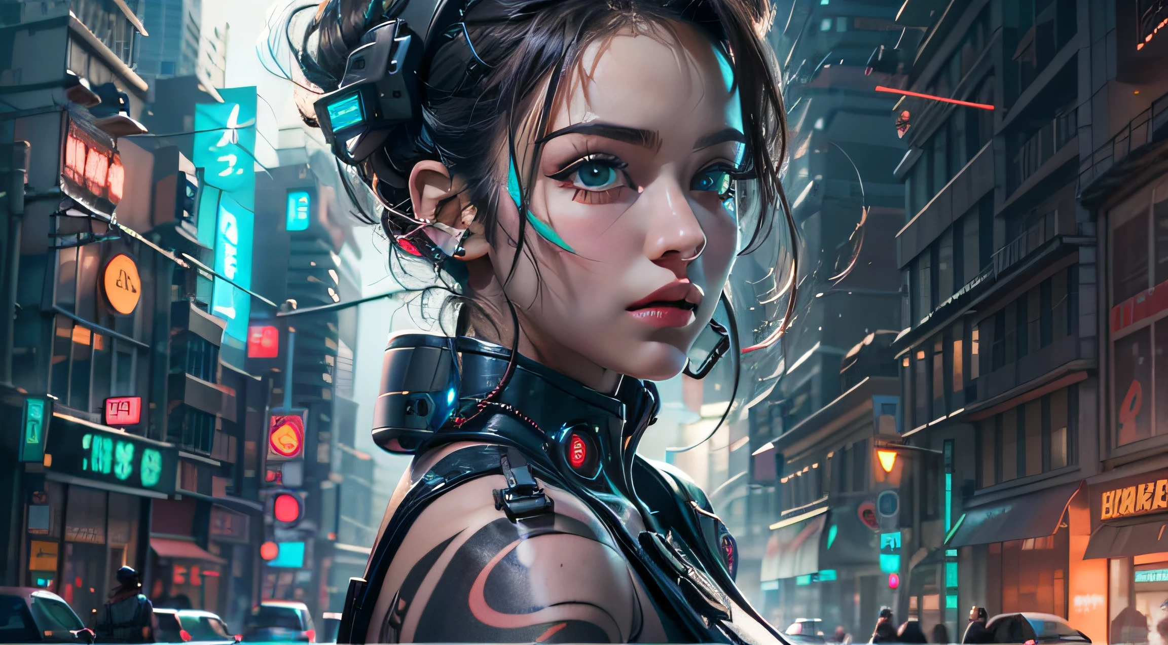 [imagem realista super detalhada], [obra-prima], Uma garota cyberpunk com cabelo rosa curto e espetado, bright green eyes and a circuit tattoo on the neck. Ela usa um casaco de couro preto com detalhes em neon, uma blusa branca rasgada, a pair of grey jeans and black boots. She has a bionic arm with metal claws and a neural interface implant in her right temple. She holds a laser pistol in her left hand and a holographic device in her right hand. She's on a busy street in a futuristic city, surrounded by tall buildings, Tecidos gigantes, carros voadores e pessoas de diferentes estilos e etnias. She has a confident and defiant expression, como se estivesse pronta para enfrentar qualquer perigo.