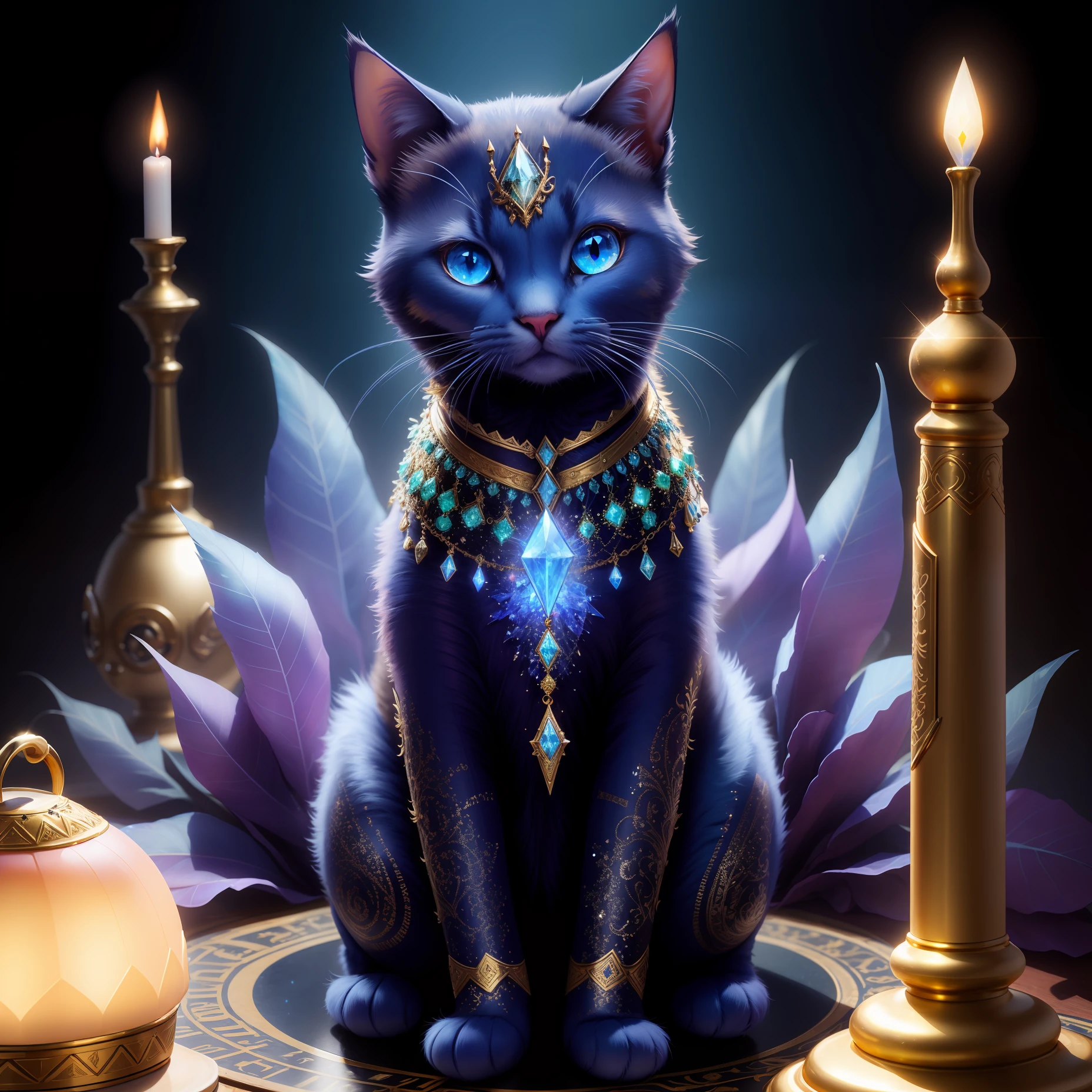 He is an elf,He looks like a cat,Has big blue eyes,The body is golden yellow,There are blue crystals floating on the head