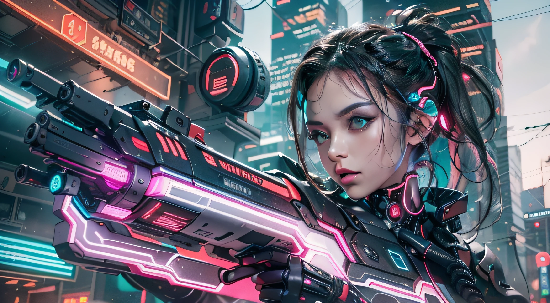 [imagem realista super detalhada], [obra-prima], Uma garota cyberpunk com cabelo rosa curto e espetado, bright green eyes and a circuit tattoo on the neck. Ela usa um casaco de couro preto com detalhes em neon, uma blusa branca rasgada, a pair of grey jeans and black boots. She has a bionic arm with metal claws and a neural interface implant in her right temple. She holds a laser pistol in her left hand and a holographic device in her right hand. She's on a busy street in a futuristic city, surrounded by tall buildings, Tecidos gigantes, carros voadores e pessoas de diferentes estilos e etnias. She has a confident and defiant expression, como se estivesse pronta para enfrentar qualquer perigo.