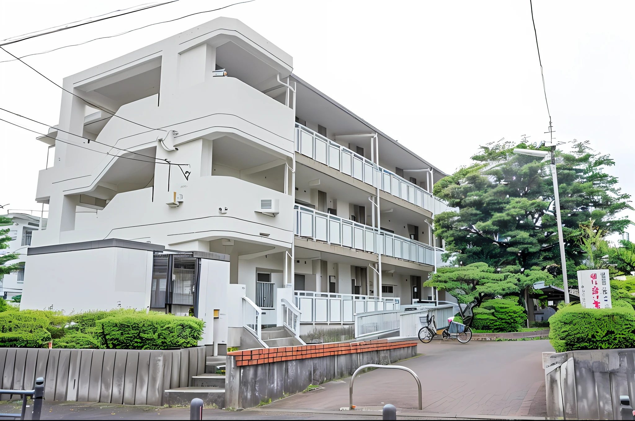 White building with balcony、A bicycle is parked in front of it, Residential area, japanese high school, full building, in a japanese apartment, taken in the early 2020s, full device, outside view, the neat and dense buildings, building facing, single building, white building, My Home, sakimichan hdri, old apartment
