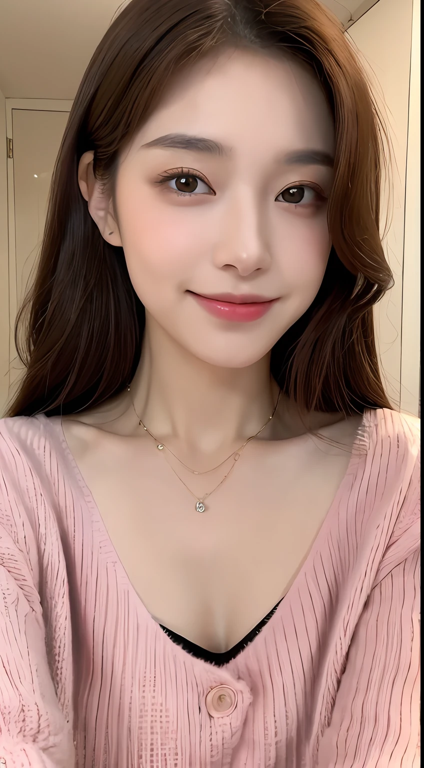 ((Night, Realistic Light, Best Quality, 8K, Masterpiece: 1.3)), 1girl, Slim Beauty: 1.4, Abs: 1.1, (Brown hair, Medium breasts: 1.3), Long pink sweater: 1.1, Bathroom, Super fine face, Delicate eyes, Double eyelids, smile, necklace