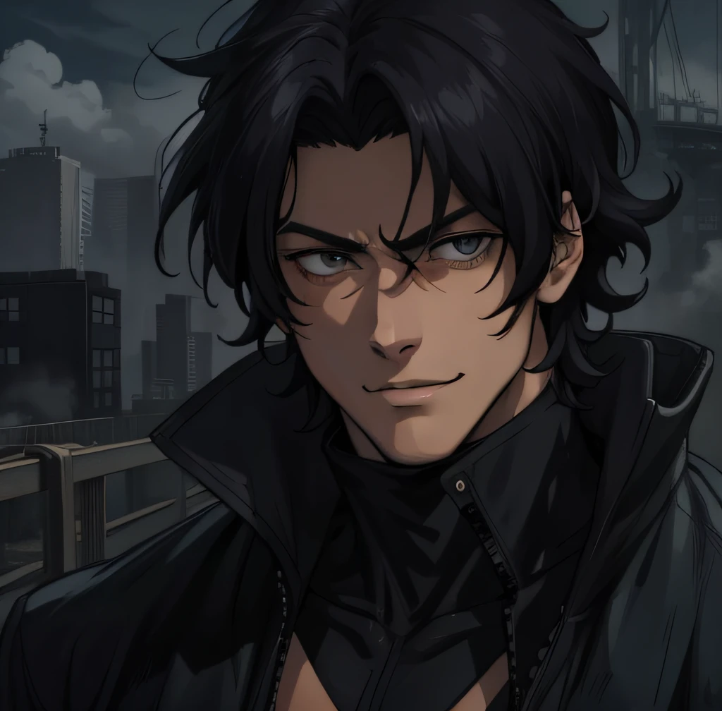 Spike Spiegel with traces of Jujutsu Kaisen, Handsome man with medium length black hair, wearing sunglasses on the bridge of the nose, revelando seus profundos olhos castanhos escuros, olhando para os espectadores, Charismatic behavior, Confident expression with a subtle smile, atmosferas hiper-realistas, detalhes, Anime dos anos 80, 8k