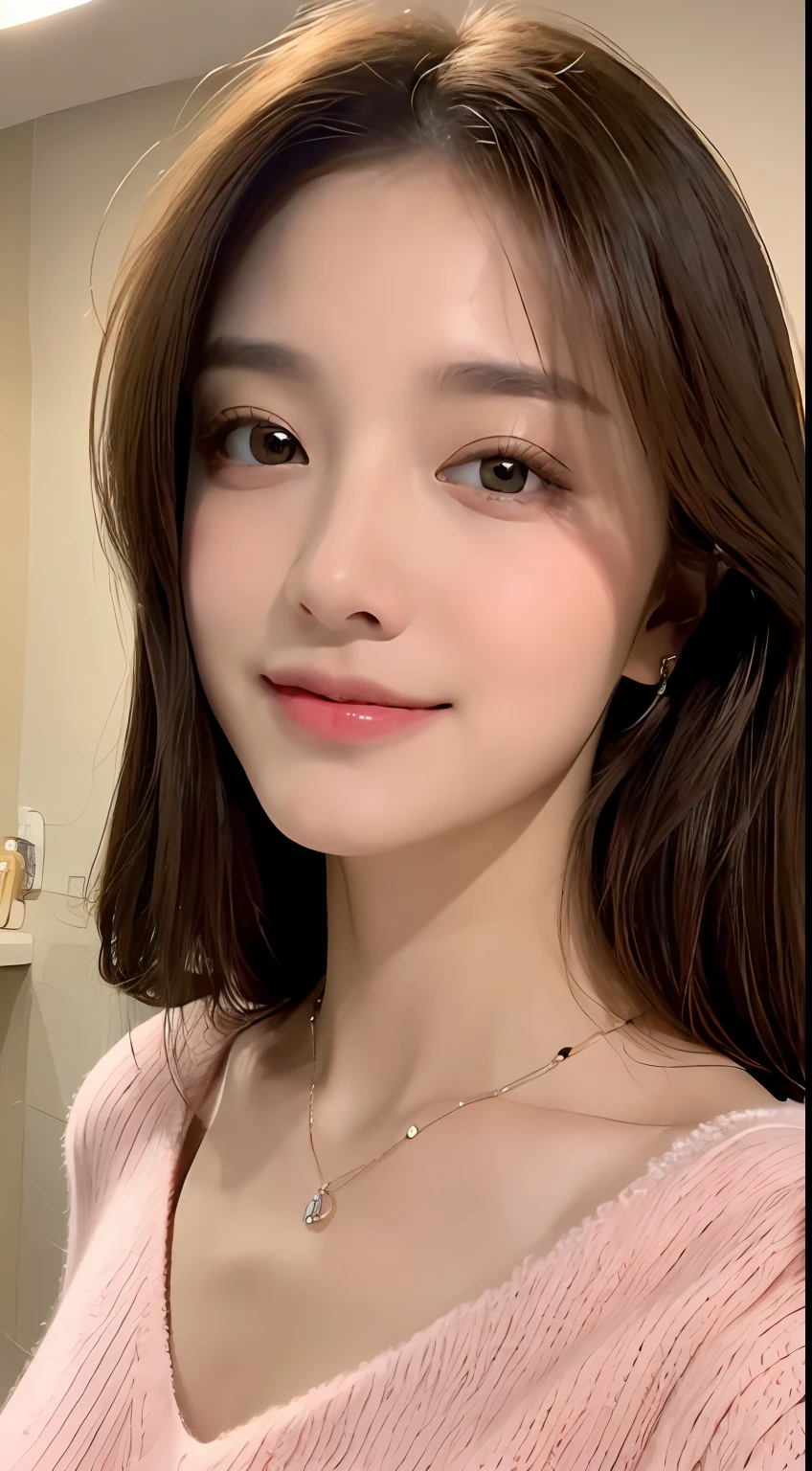 ((Night, Realistic Light, Best Quality, 8K, Masterpiece: 1.3)), 1girl, Slim Beauty: 1.4, Abs: 1.1, (Brown hair, Medium breasts: 1.3), Long pink sweater: 1.1, Bathroom, Super fine face, Delicate eyes, Double eyelids, smile, necklace