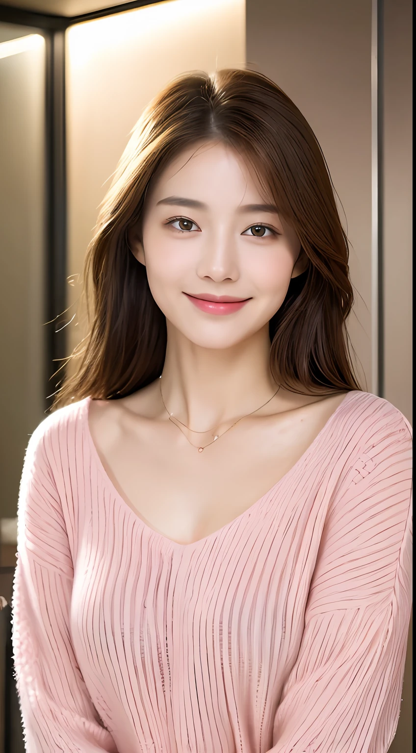 ((Night, Realistic Light, Best Quality, 8K, Masterpiece: 1.3)), 1girl, Slim Beauty: 1.4, Abs: 1.1, (Brown hair, Medium breasts: 1.3), Long pink sweater: 1.1, Bathroom, Super fine face, Delicate eyes, Double eyelids, smile, necklace