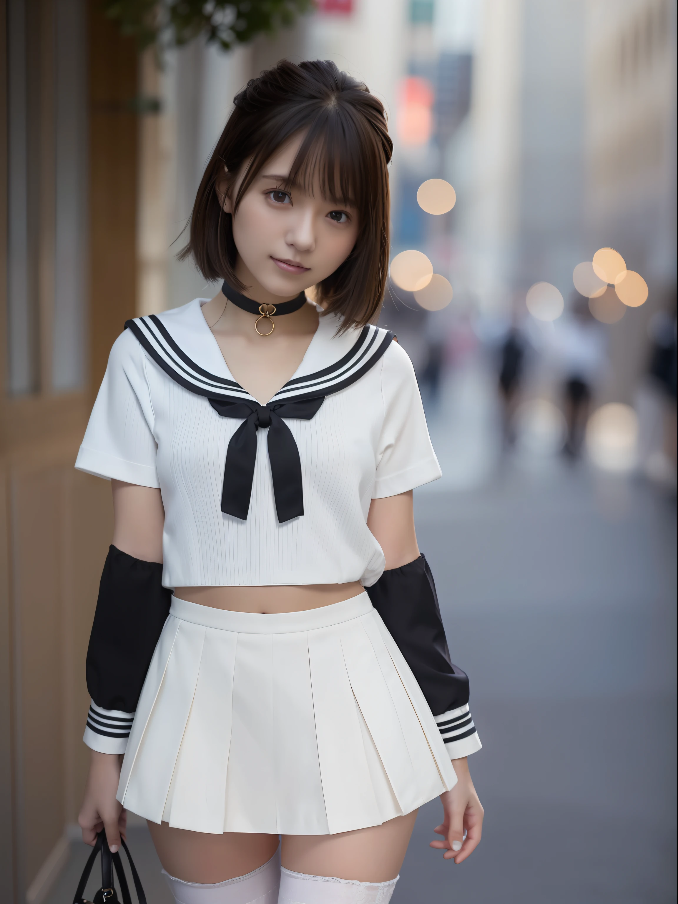 (masuter piece:1.3)、(top-quality:1.4)、超A high resolution、(eye detailed)、(facial features details)、(The specifics of the features of clothing)、nffsw、8K分辨率、solofocus、bangss、skintight、(shinny skin) )、(Slender girl)、Dreamy、(Extremely detailed illustration)、Check Commentary、Commentary Request、landscapes、No letters、Happy、Beautiful breasts、(small tits)、bangss、bobhair、short-hair、Brown hair、Brown-eyed、Black Choker、1 female、Pupils、hi-school girl、White High School Uniform、a sailor suit、pleatedskirt、Stockings、espadrilles、a miniskirt、Happy smile