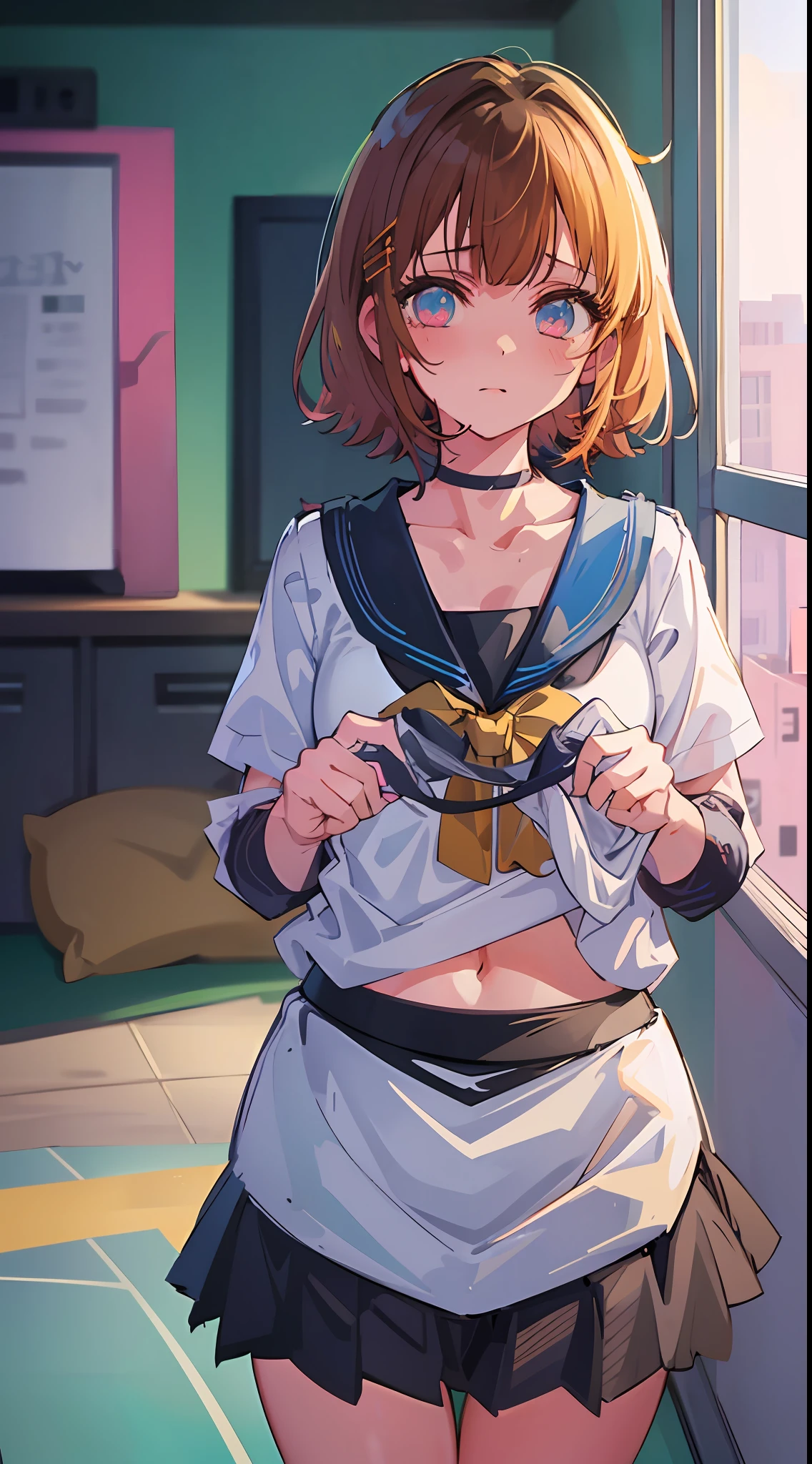 Full Body, Full Body Illustration, Best Illustration, ((Best Quality)), ((Masterpiece)), (Details: 1.4), Anatomical, Award-winning concept art, beautiful, fine detail, portraits, Look at the viewer, ((Show Full Body)), 1 girl, Full body, Solo, 10 years old, Golden and brown hair, Short hair, Blue and pink eyes, Big eyes, Undergarment, Panties, Skirt, White panties, Wet, Shirt, Wet clothes, Skirt lift, Blush, Classroom, Navel out, Clothes lift,Simple background, Lift yourself, White shirt, Uniform, Look away, Short sleeve, Uneven, loli figure, Skinny
