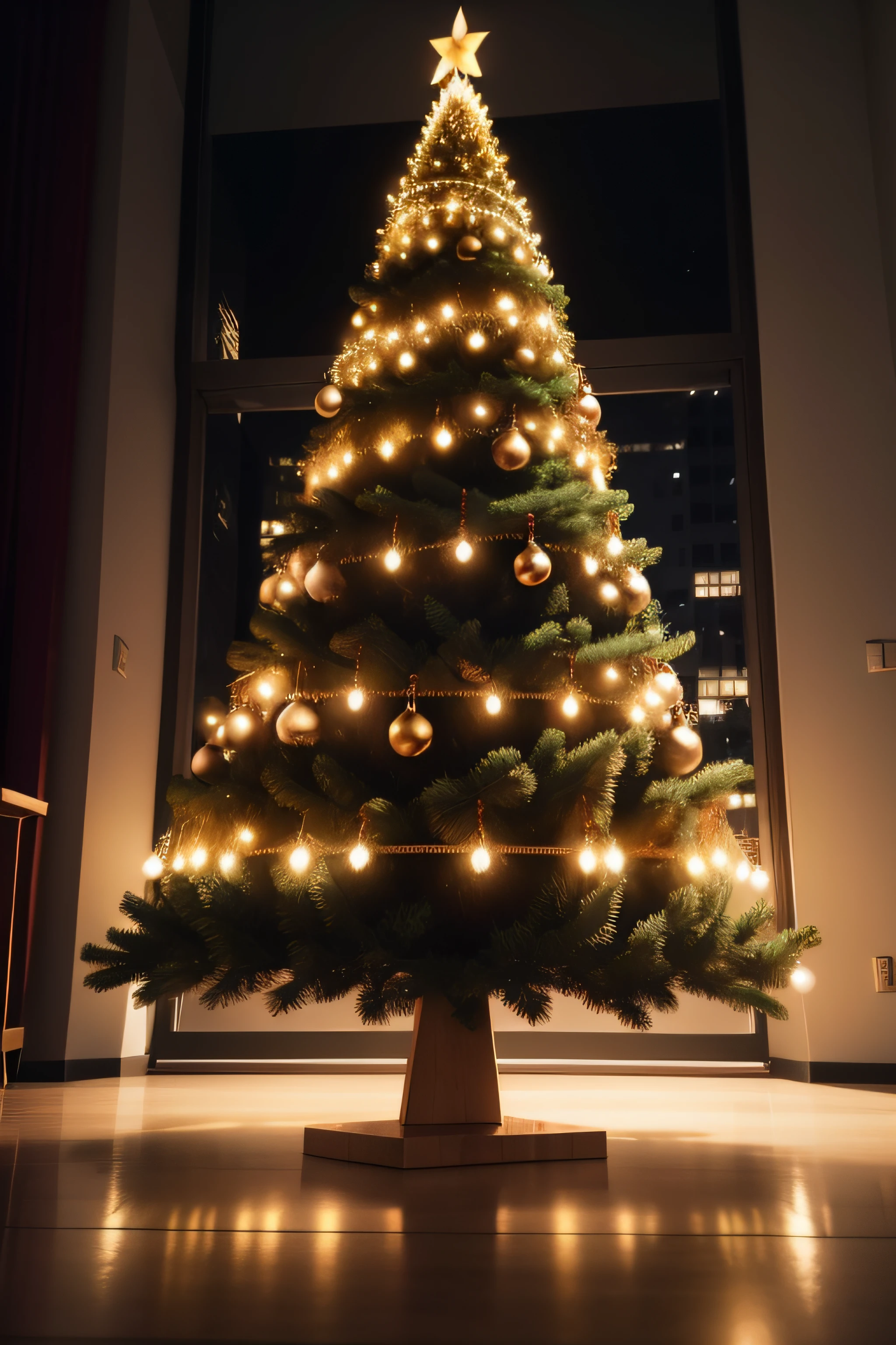 A modern Christmas tree, realista e detalhada, com uma lareira desfocada ao fundo