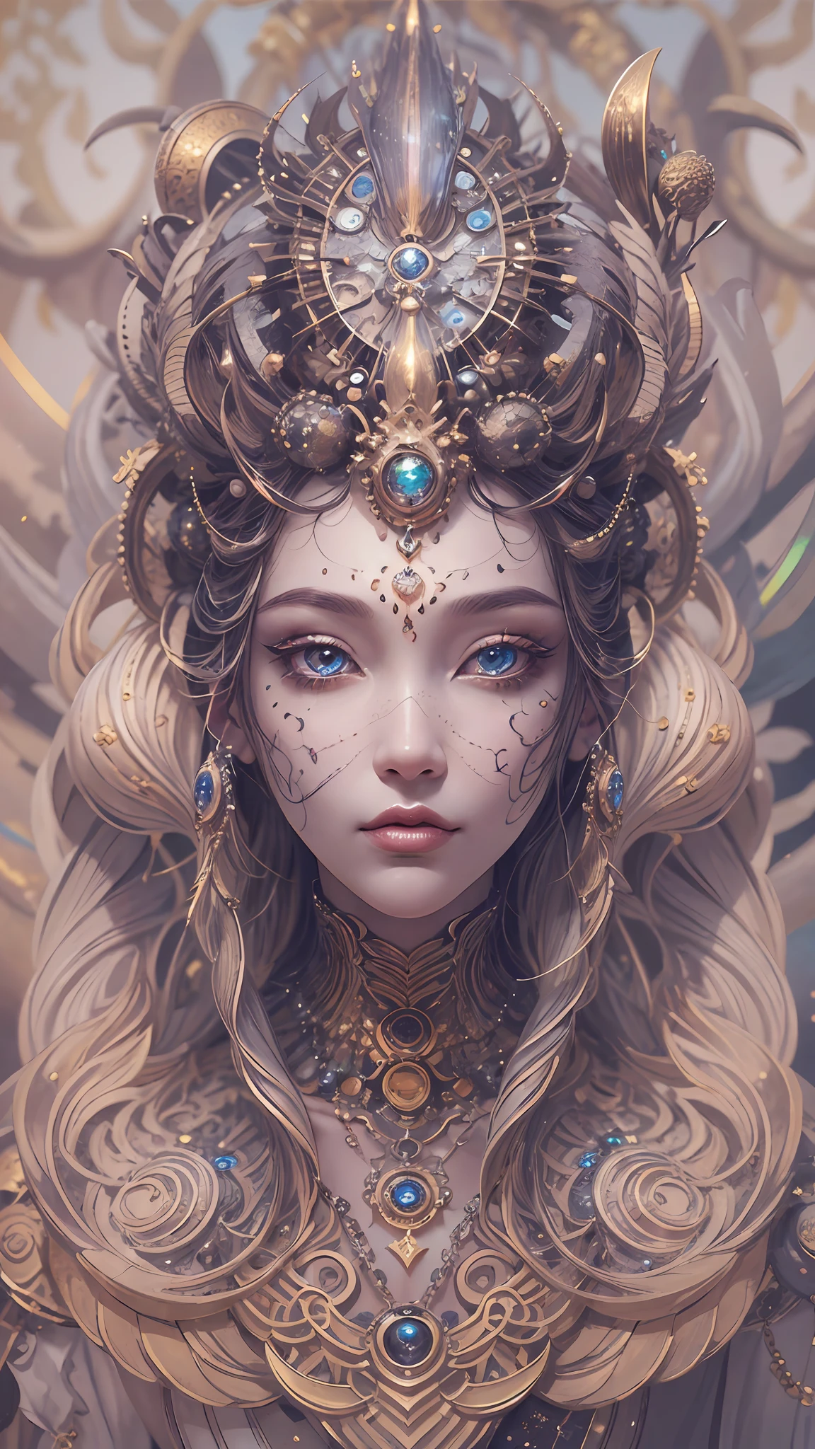 (best qualtiy,ultra - detailed,Most Best Illustration,Best shadow,tmasterpiece,A high resolution,professionalartwork,famousartwork),Detailed eyes,beautidful eyes,closeup cleavage,sci-fy,colored sclera,Robot eyes,face markings,Tattooed with,(fractalized,Fractal eyes),largeeyes,Wide eyes,(Eye focus),sface focus,Cosmic eyes,Space eyes,Close-up of metal sculpture of a woman with a moon in her hair,goddes。extremly high detail,3 d goddess portrait,Extremely detailed footage of the goddess,a stunning portrait of a goddess,Side image of the goddess,portrait of a beautiful goddess,Full body close-up portrait of the goddess,hecate goddess,portrait of a norse moon goddess,goddess of space and time