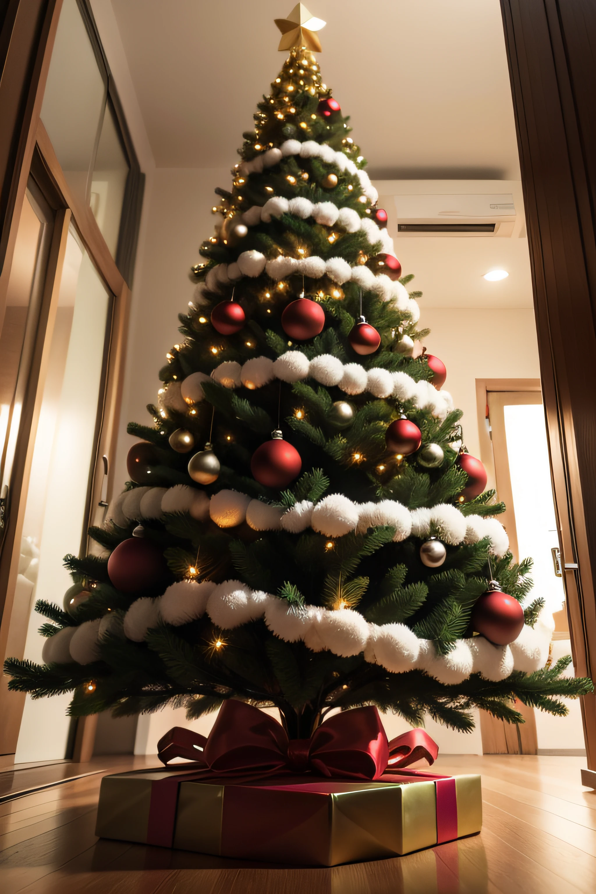A modern Christmas tree, realista e detalhada, com uma lareira desfocada ao fundo