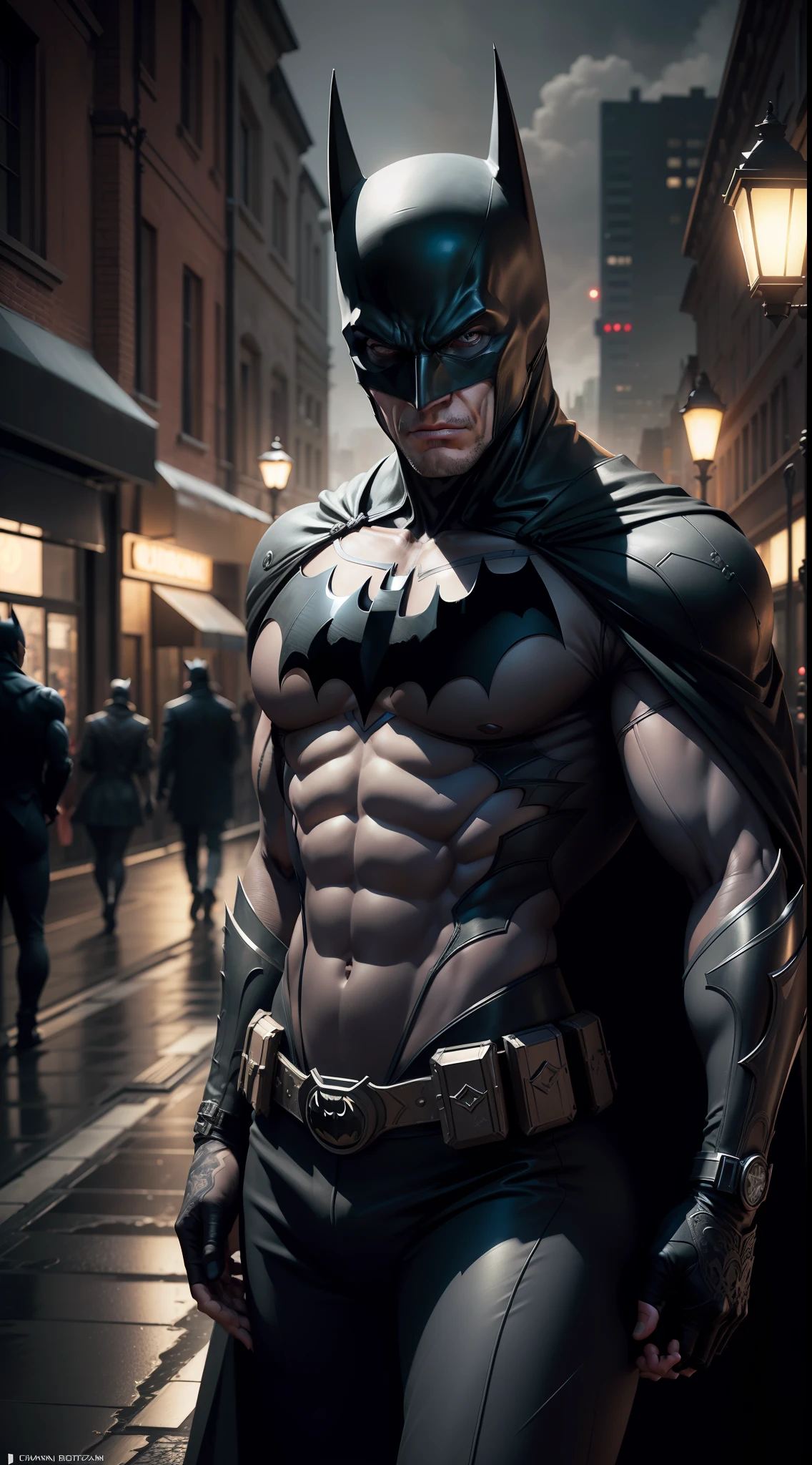 batman character, complex mix, Realistic, Photorealistic, (masterpiece:1,5), urban background, concept art, intricate detail, high detail, photo realistic, octane render, 8k, dynamic poses, top quality, (face realistic : 1.1), (hyperrealistic:1.1), ((full_body 1:1)), (highly detailed background), not out of frame,