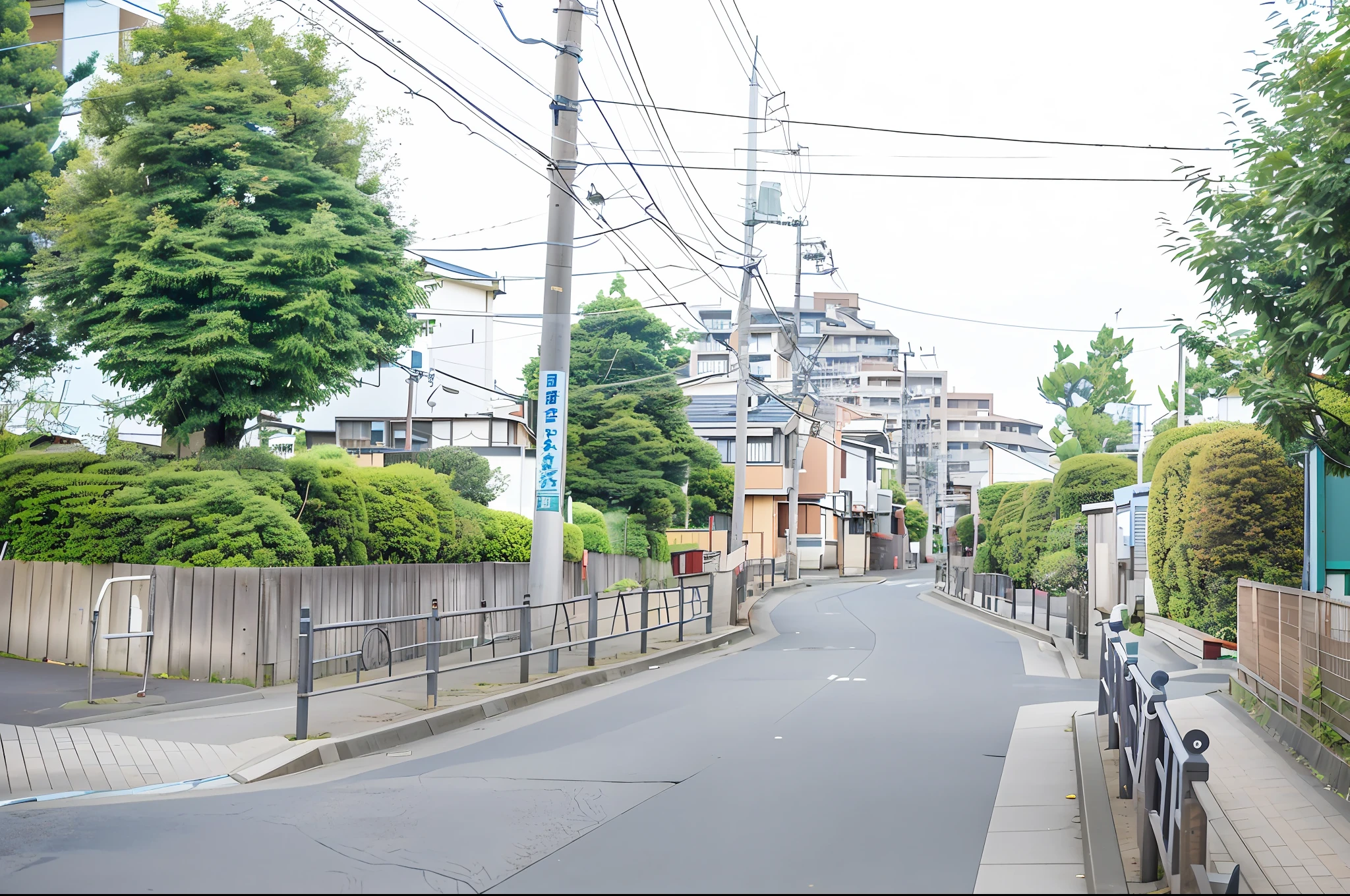 On its sides there is a street with fences and benches, Residential area, japanese neighborhood, japanese street, photograph of the city street, surrounding the city, single street, japanese town, japanese rural town, taken with sigma 2 0 mm f 1. 4, street level view, streetview, urban view in the distance, Tokyo - esque town