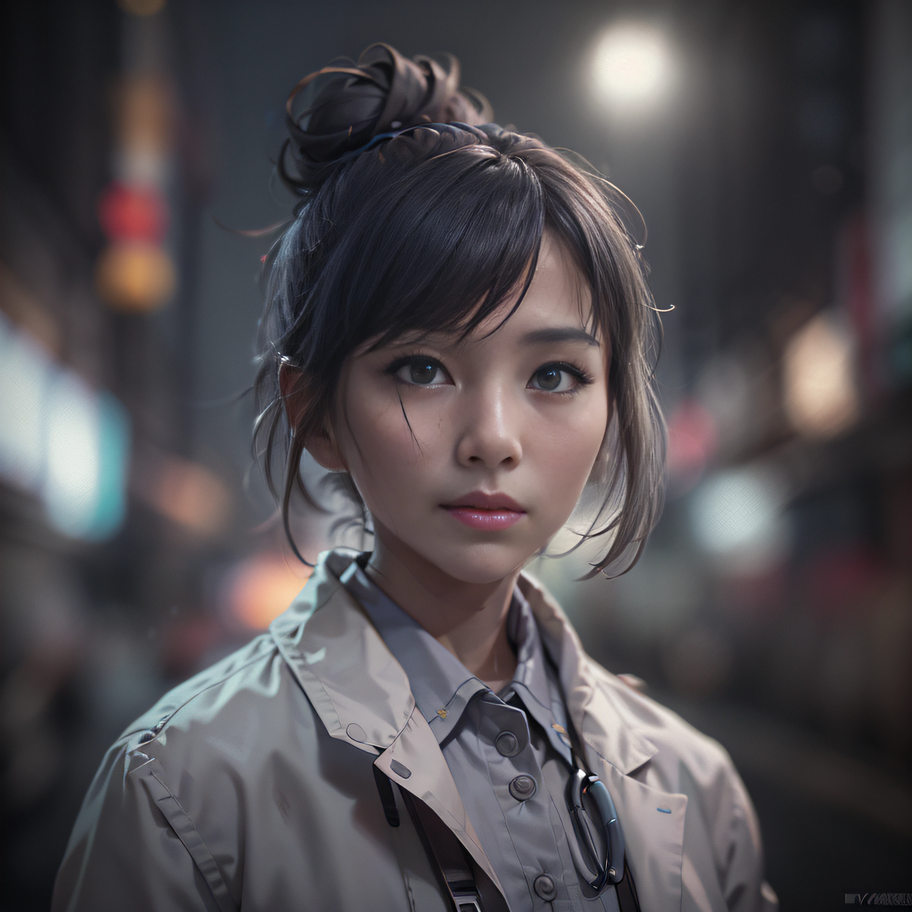 ( 
    (Character: one chinese woman, 40 years old, medical examiner, high bun in the hair, small smile)
    (Clothing: medical coat, gray japanese shirt)
    (Pose: upper body shot:1.7, dynamic pose)
    (blurry, intense urban lights in background, gray color scheme:1.3) 
    (Style: ((masterpiece:1.5)), (face detailed), photo-realistic:1.3, hyperrealistic, film grain, realistic lighting)