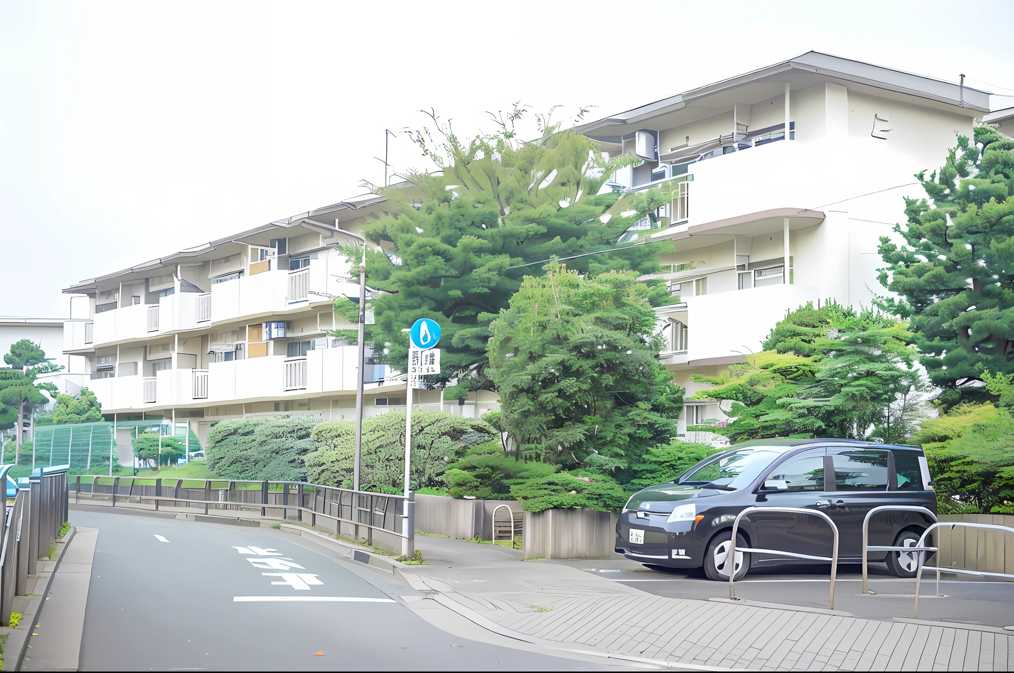 A car is parked in the parking lot next to the building., Residential area, view from the street, full building, streetview, japanese neighborhood, outside view, street level view, in a japanese apartment, Outside view, set in tokyo bank parking lot, japanese high school, F / 1. 9 6. 8 1 mm iso 4 0, Empty buildings with vegetation