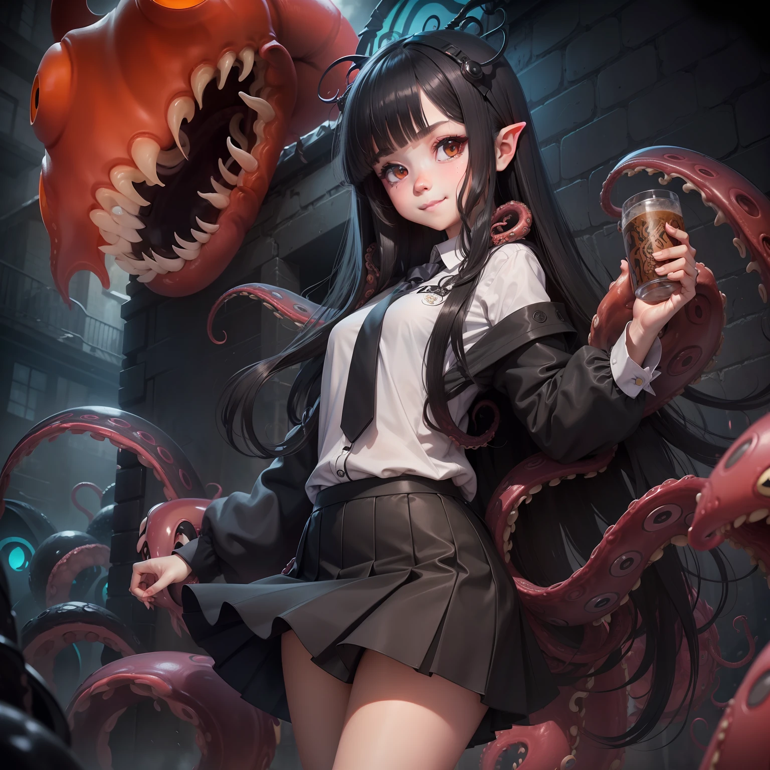 ((Girl fused with tentacles. Tentacles from the skirt)). School uniform. Black costume. A dark-haired. The long-haired. Cropped bangs. natta.two eyes sticking out of the head,,,,,,,. Peek out from overhead creatures with large mouths. Invincible smile. Short skirt. natta. Back alley