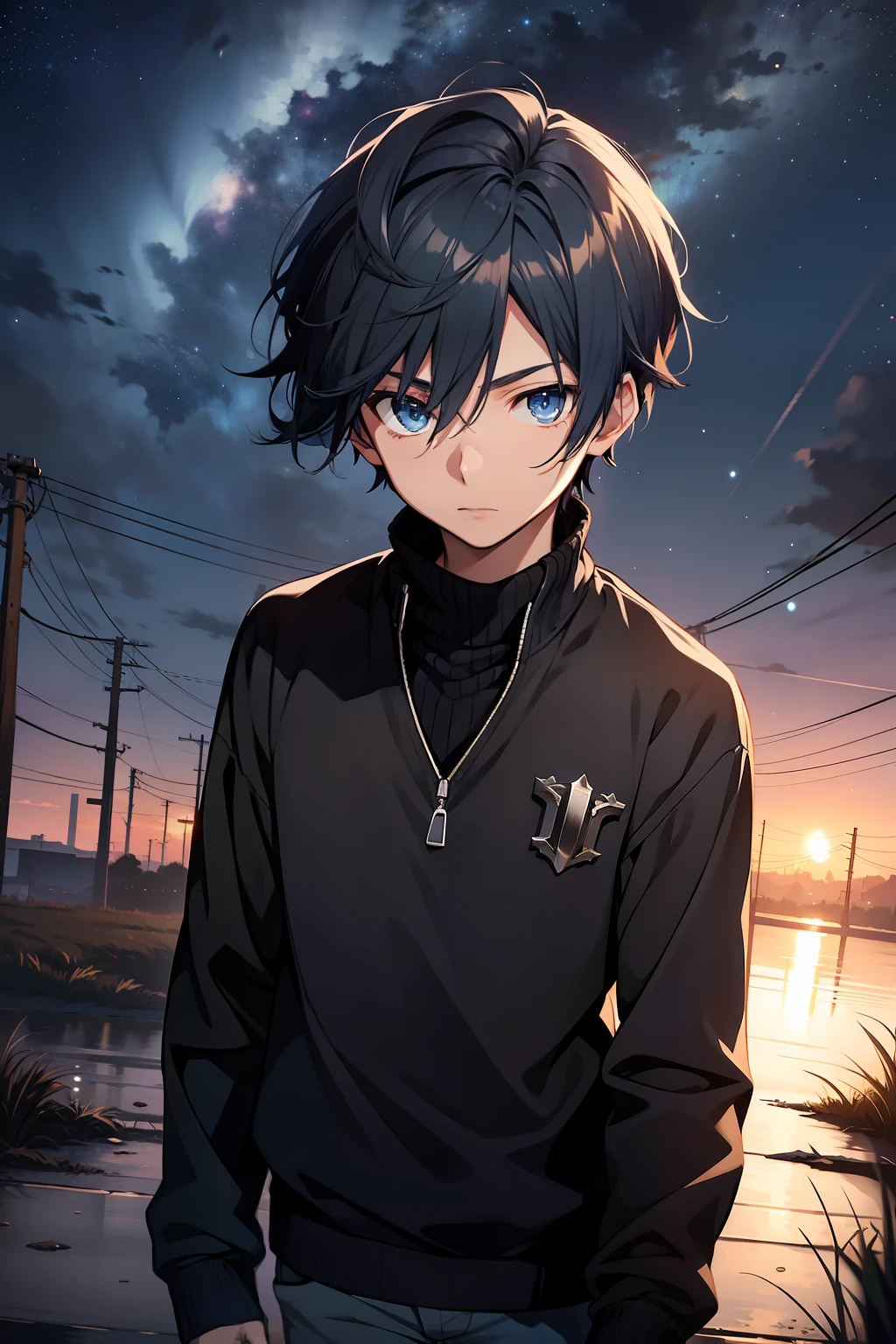 young boy,  17 years old, dark blue hair, walking in plains, black sweater, blue eyes, kirito hairstyle, in the night, stars in the sky, 4k