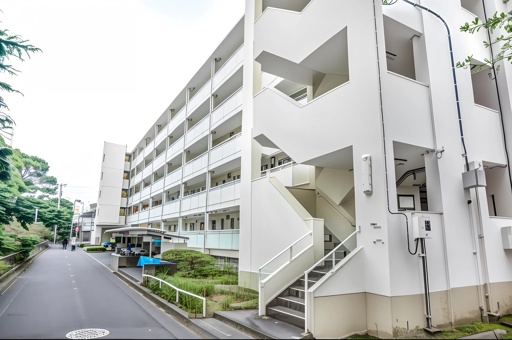 There is a white building with stairs and parking, japanese high school, full building, Residential area, outside view, white wall complex, the neat and dense buildings, Outside view, Ground View, white building, street level view, va-11 hall-a, building facing, streetview, highrise buildings, taken with canon 8 0 d