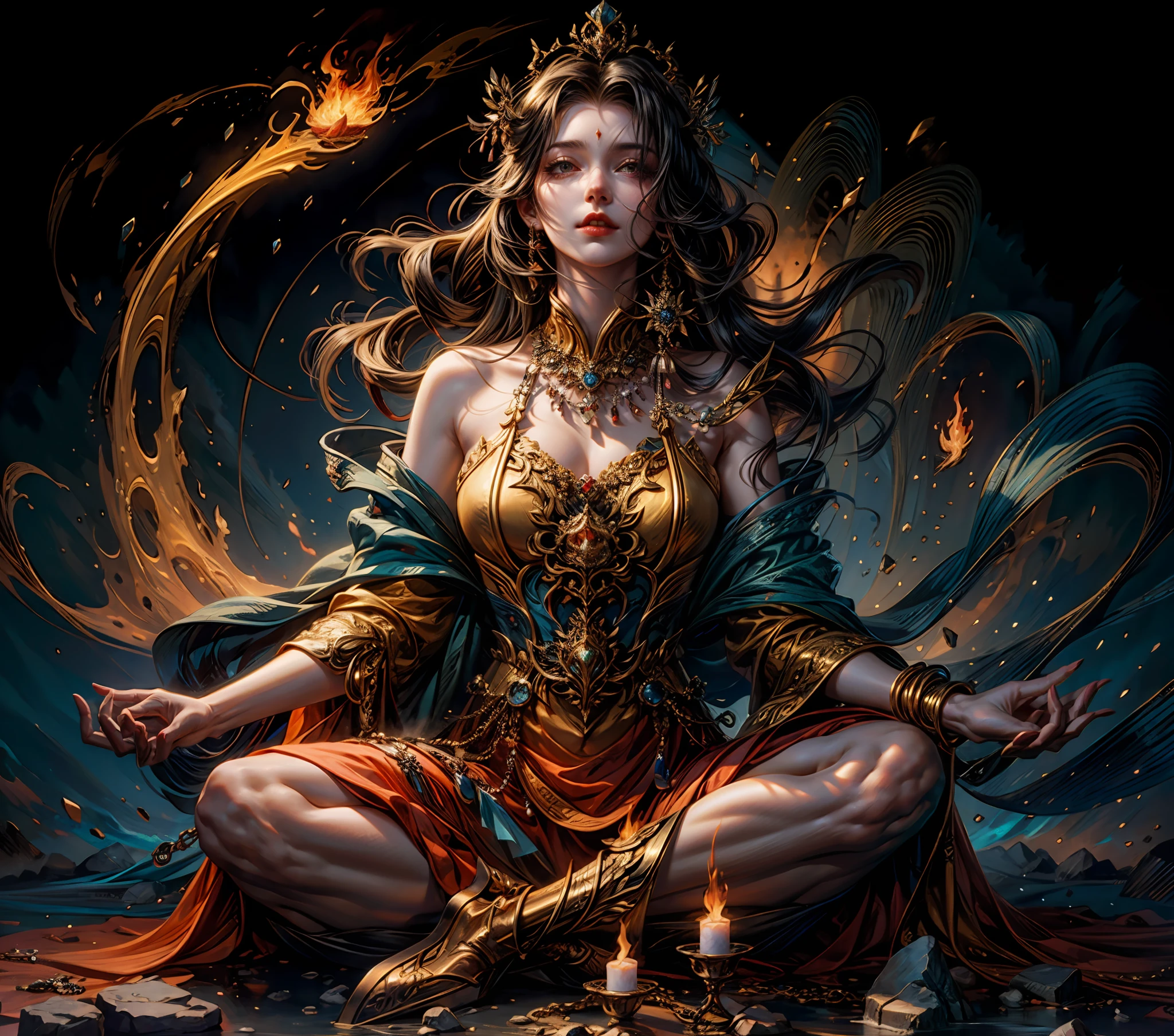 1girl, beautiful fire and lava goddess, detailed glowing eyes, detailed face, detailed skin,mature body, tall body,seductive body,medium breast, medium thigh, lotus sitting position,BREAK magma and volcano backgrounds, holding only one golden fire scepter, phoenix in sky, highly saturating fire beam, flame ceremony, BREAK fire balls, burning crown, countless of red and orange fire spark dazzling around, burning magic circle, burning fire chain, glowing red fire seeds and feather flying around, a lot of fire, fire emblem, detailed clothes, detailed jewelry, best quality, masterpiece, trending on Art station, Detailed,Realistic,4k highly detailed digital art,octane render, bioluminescent, BREAK 8K resolution concept art, realism,by Mappa studios,masterpiece,best quality,official art,illustration,ligne claire,(cool_color),perfect composition,absurdres, fantasy,focused,