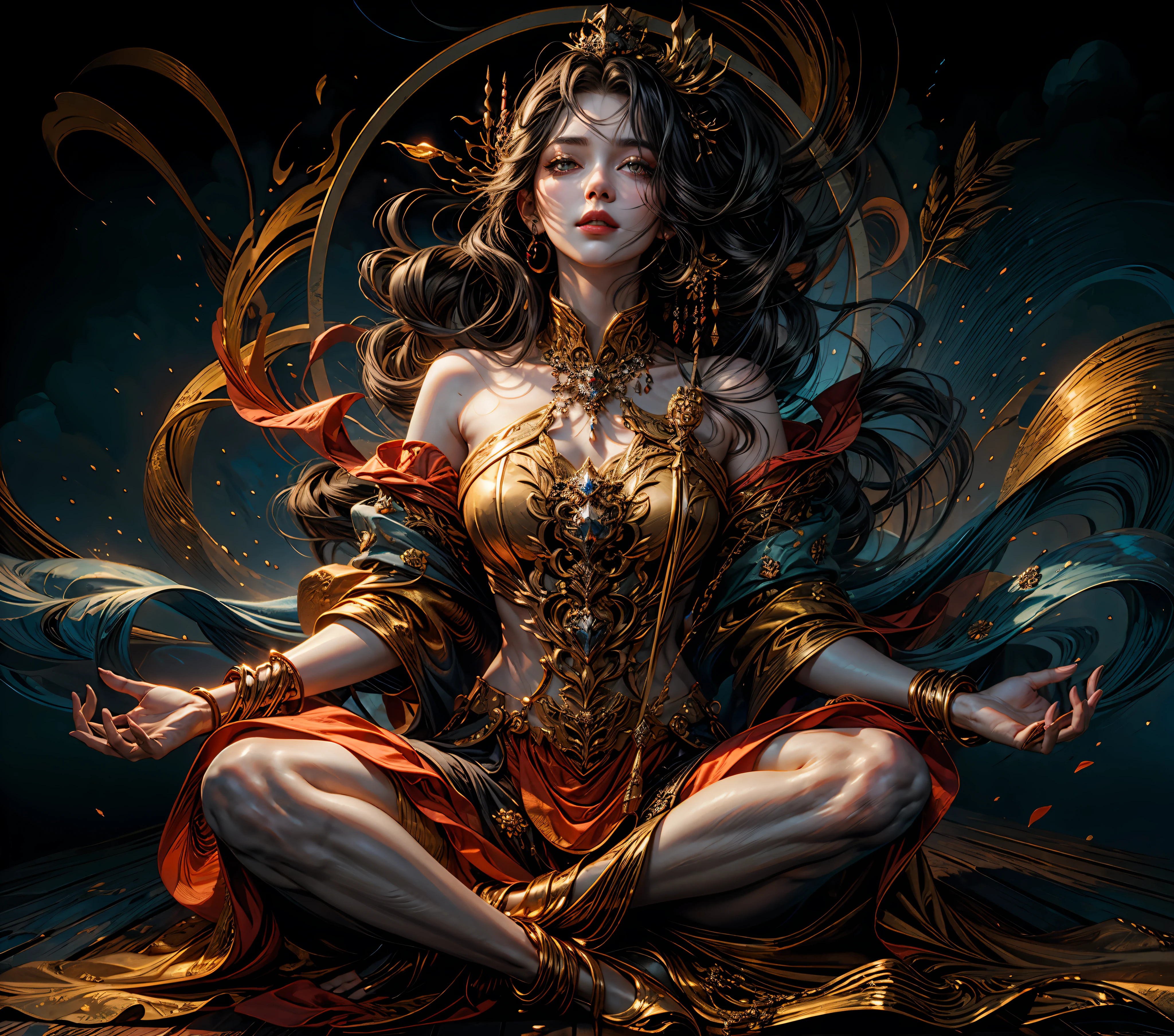 1girl, beautiful fire and lava goddess, detailed  glowing eyes, detailed face, detailed skin,mature body, tall body,seductive body,medium breast, medium thigh, lotus sitting position,BREAK magma and volcano backgrounds, holding only one golden fire scepter, phoenix in sky, highly saturating fire beam, flame ceremony, BREAK fire balls, burning crown, countless of red and orange fire spark dazzling around, burning magic circle, burning fire chain, glowing red fire seeds and feather flying around, a lot of fire, fire emblem, detailed clothes, detailed jewelry, best quality, masterpiece, trending on Art station, Detailed,Realistic,4k highly detailed digital art,octane render, bioluminescent, BREAK 8K resolution concept art, realism,by Mappa studios,masterpiece,best quality,official art,illustration,ligne claire,(cool_color),perfect composition,absurdres, fantasy,focused,