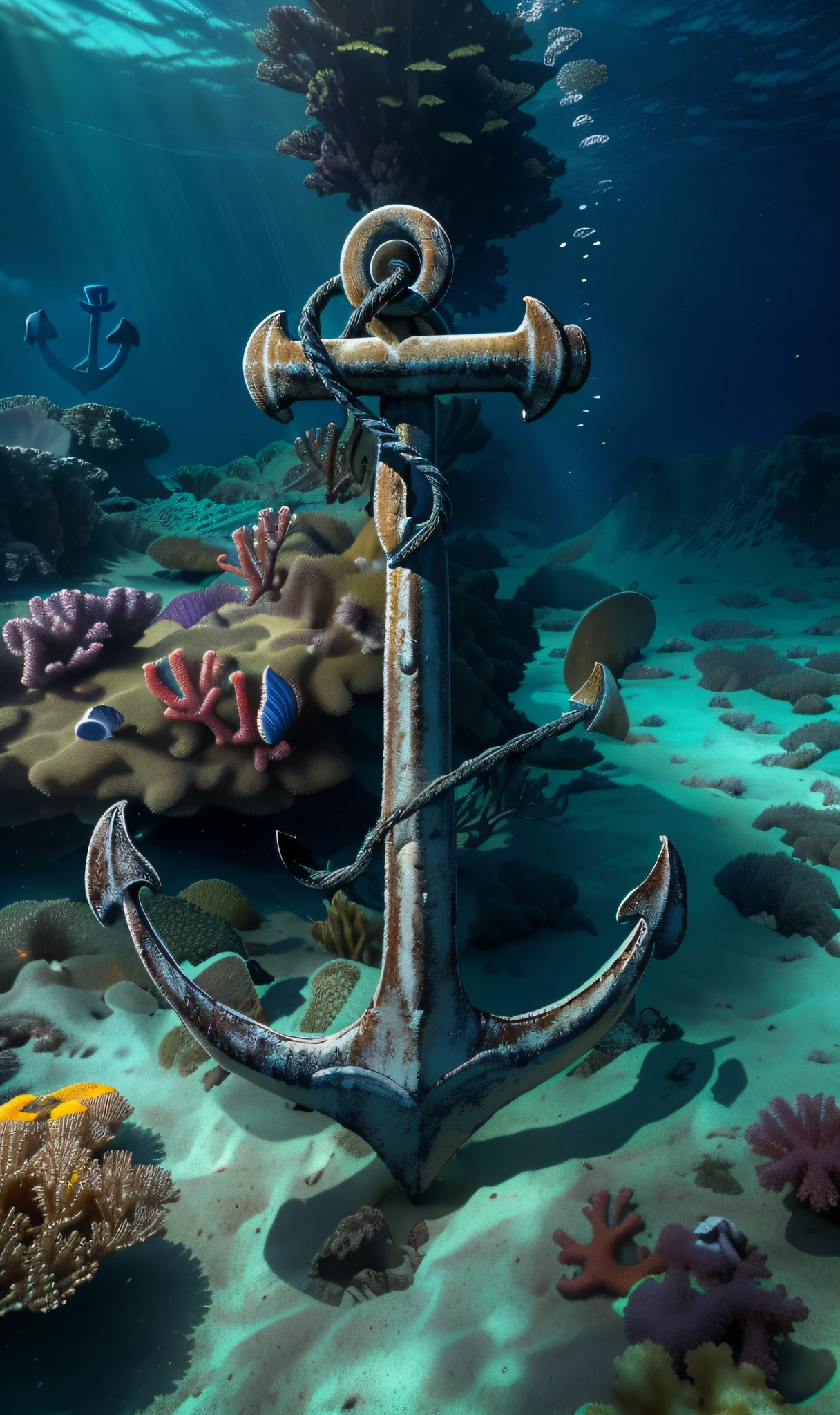 ultra wide angle, Best quality, masterpiece, ultra high res, (photorealistic:1.4), raw photo, (majestic) (((an ANCHOR sits at the bottom of the VERY HIGH ocean floor))), (underwater) in a (coral reef) environment, with (vibrant colors) and (moon rays) shining through the water, GLOOMY thunderstorm above ocean