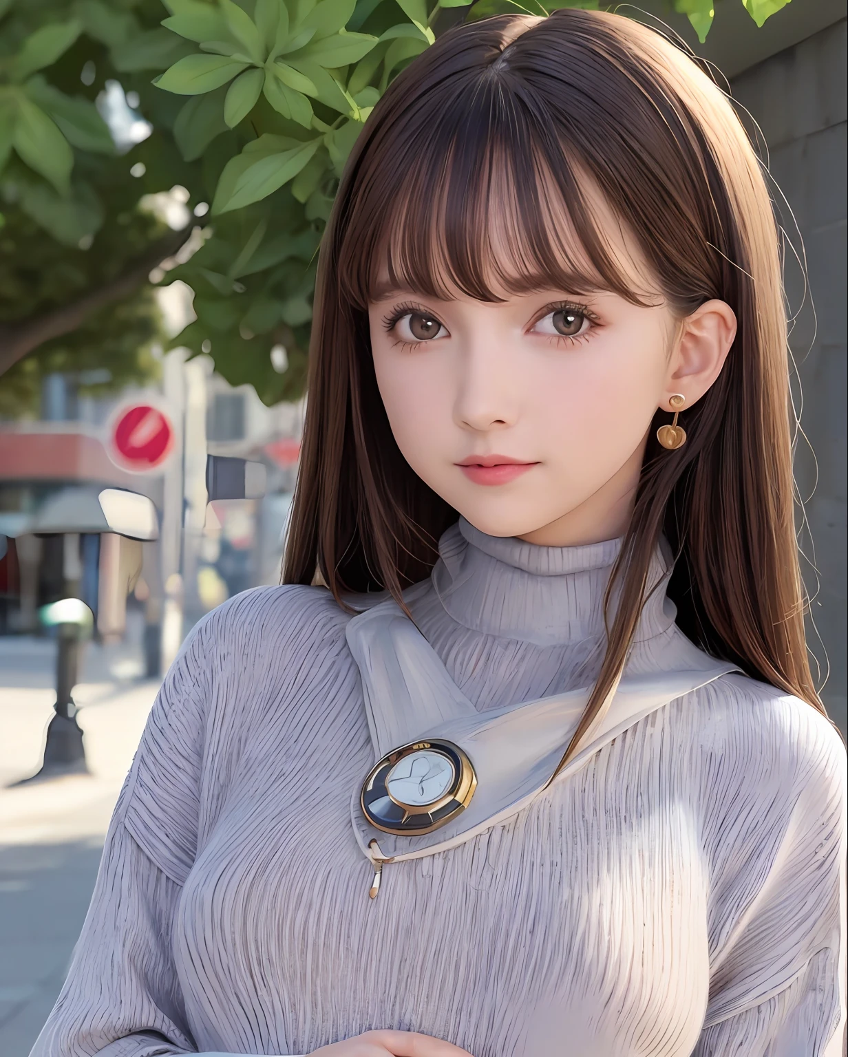 best quality, photorealistic, 8k, high res, 1girl, woman, (skindentation), (portrait:0.6), ((cityscapebackground:1.52)), full color, ((smallsize round breast, highneck sweater:1.5)), straight-looking at viewer:1.8, (1girl eyes looking at viewer:1.45, medium-length hair, blackhair, partedbangs:1.45), (bokeh),