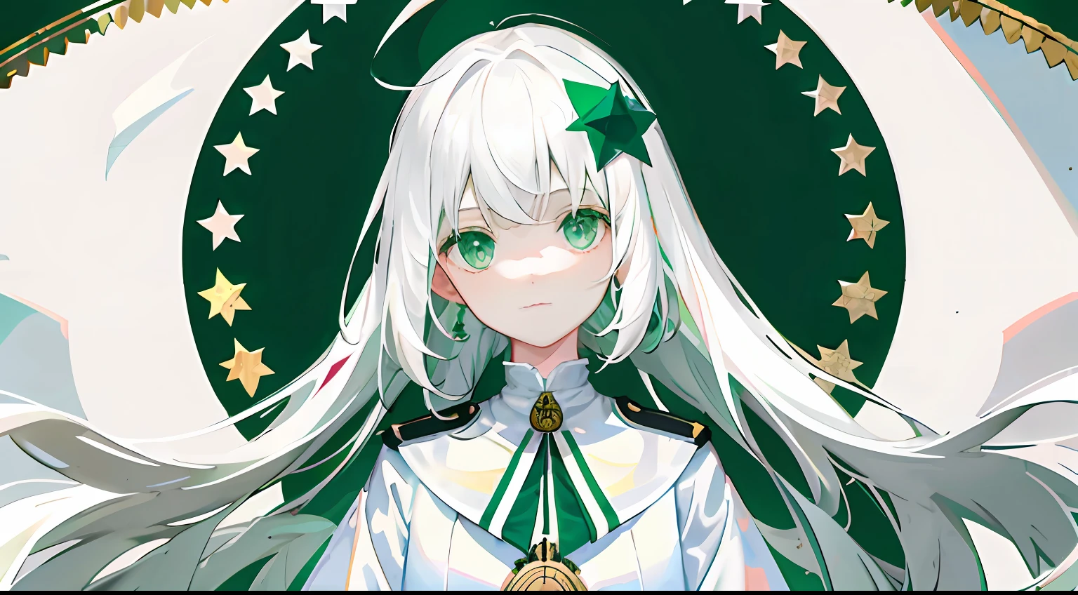 1girll, Flag of Pakistan,White pentagram decoration,White crescent decoration,White and green clothing,long white hair,Green eyes,Domineering,adolable