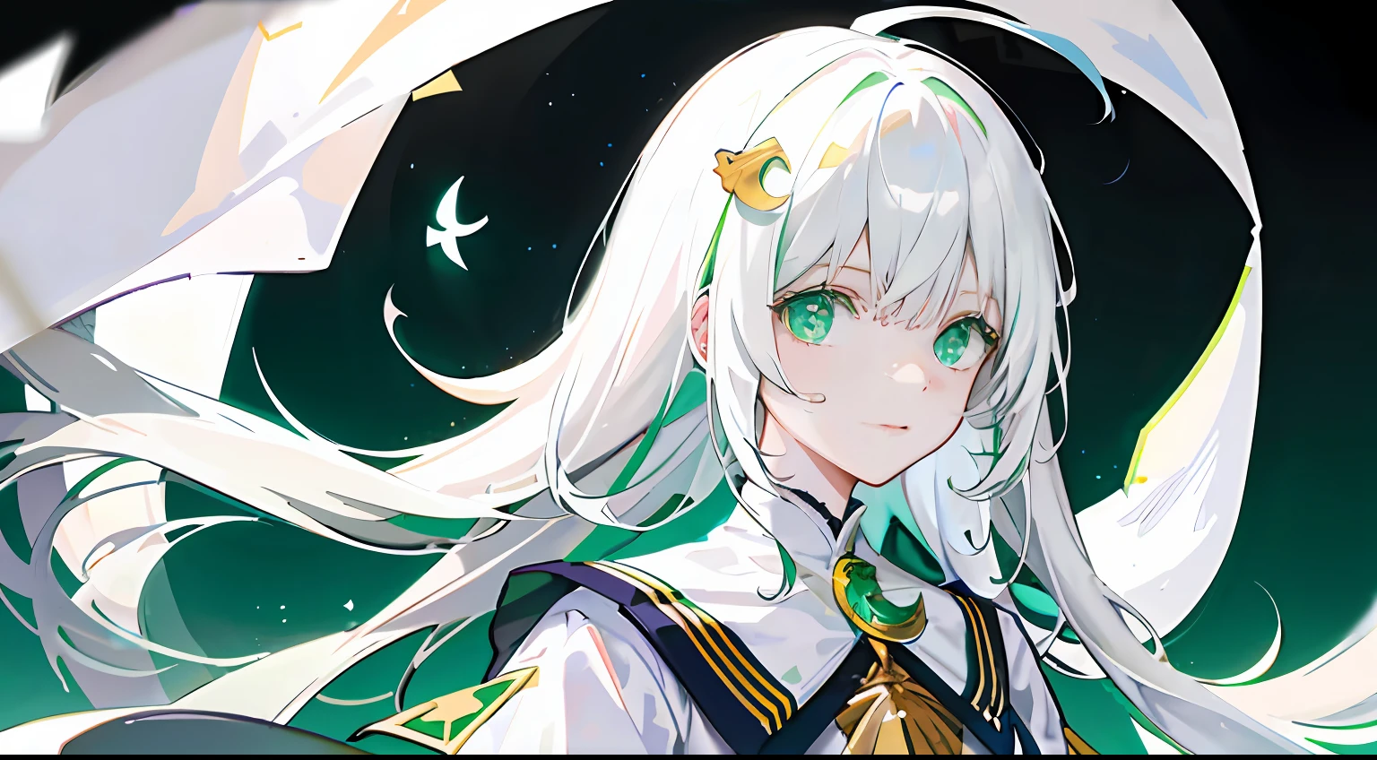 1girll, Flag of Pakistan,White pentagram decoration,White crescent decoration,White and green clothing,long white hair,Green eyes,Domineering,adolable