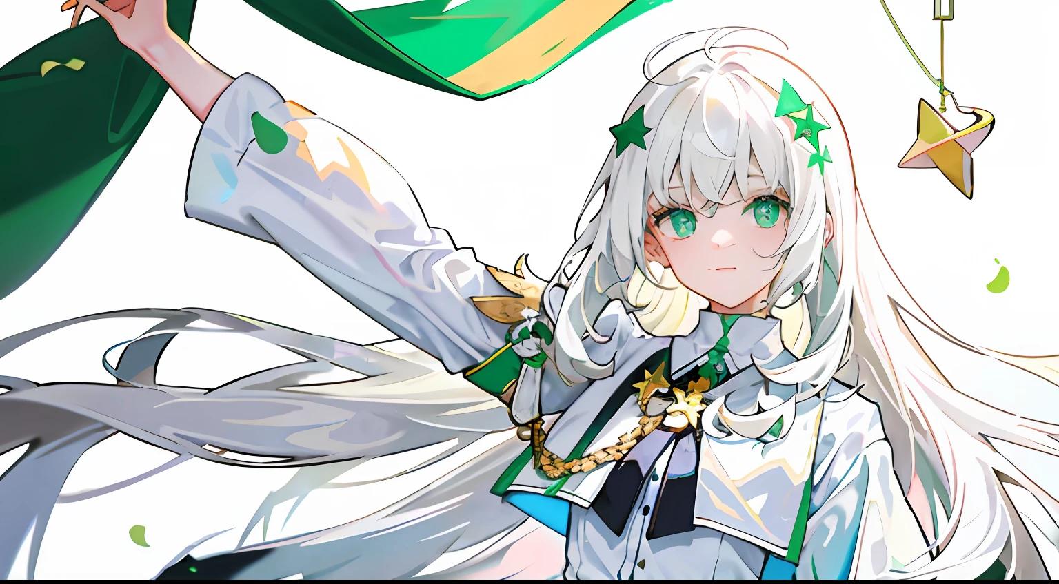 1girll, Flag of Pakistan,White pentagram decoration,White crescent decoration,White and green clothing,long white hair,Green eyes,Domineering,adolable