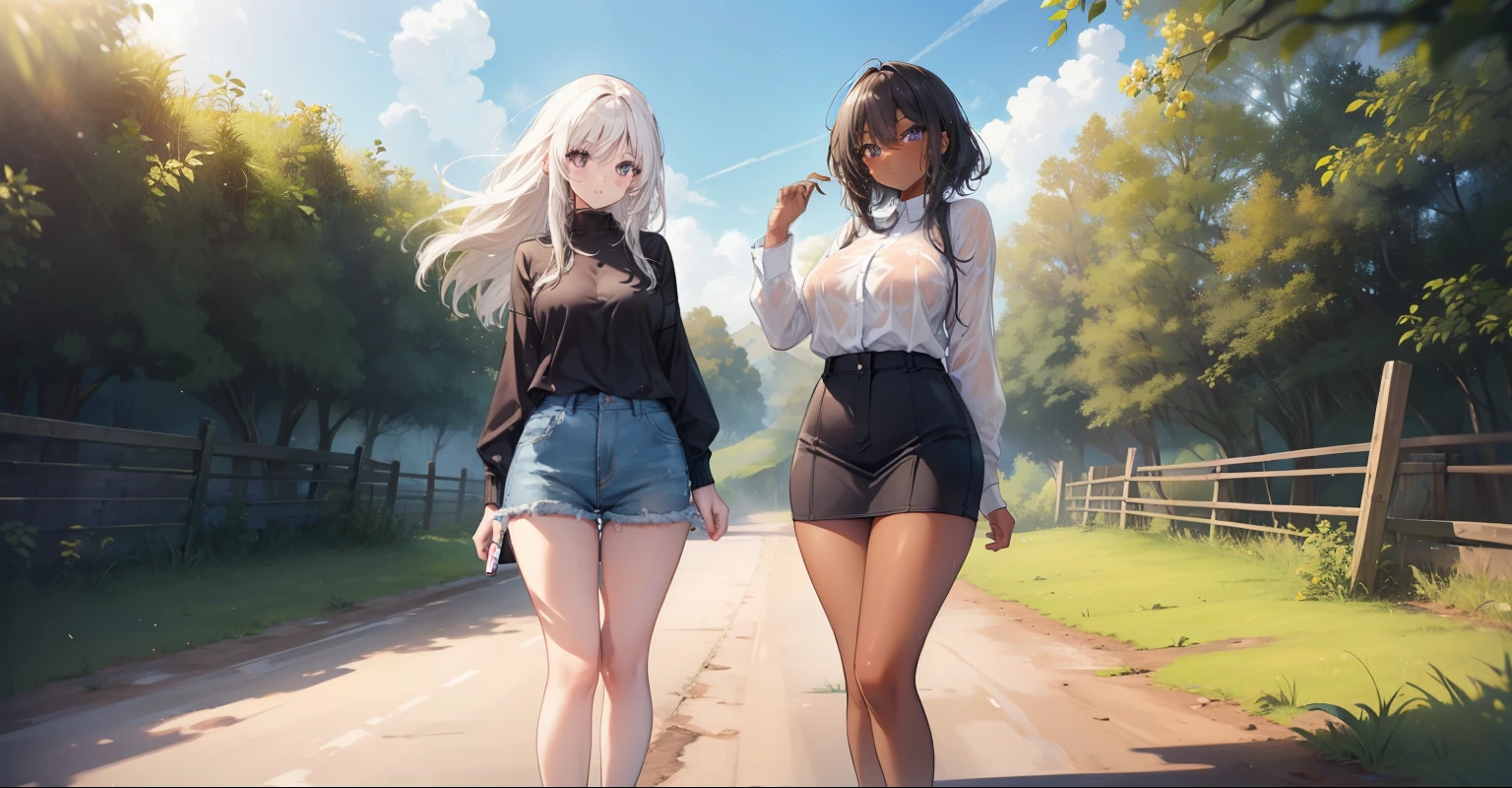 two girls, 1 light skin, 1 dark skin, different eyes, nose, ear, eyebrow, big straight hair, farm clothes, wet clothes, thin waist, thick legs, big thighs, background scenery, dirt road, countryside, beautiful day, lighting