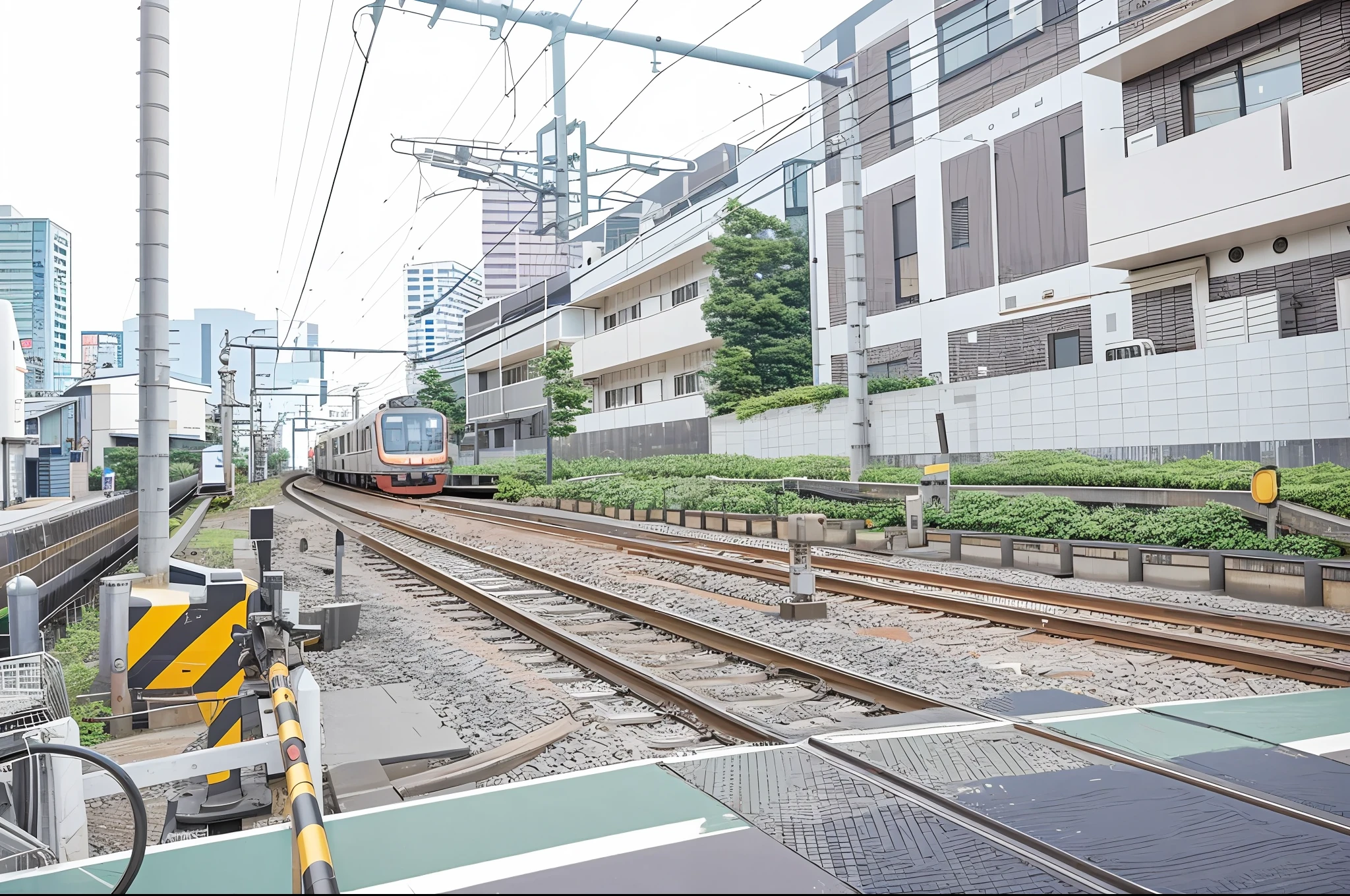 there is a train that is going down the tracks in the city, trains in the background, train station in summer, the photo shows a large, taken with sigma 2 0 mm f 1. 4, taken with canon 8 0 d, orange line, sakimichan hdri, in Tokyo under, taken with sony a7r camera