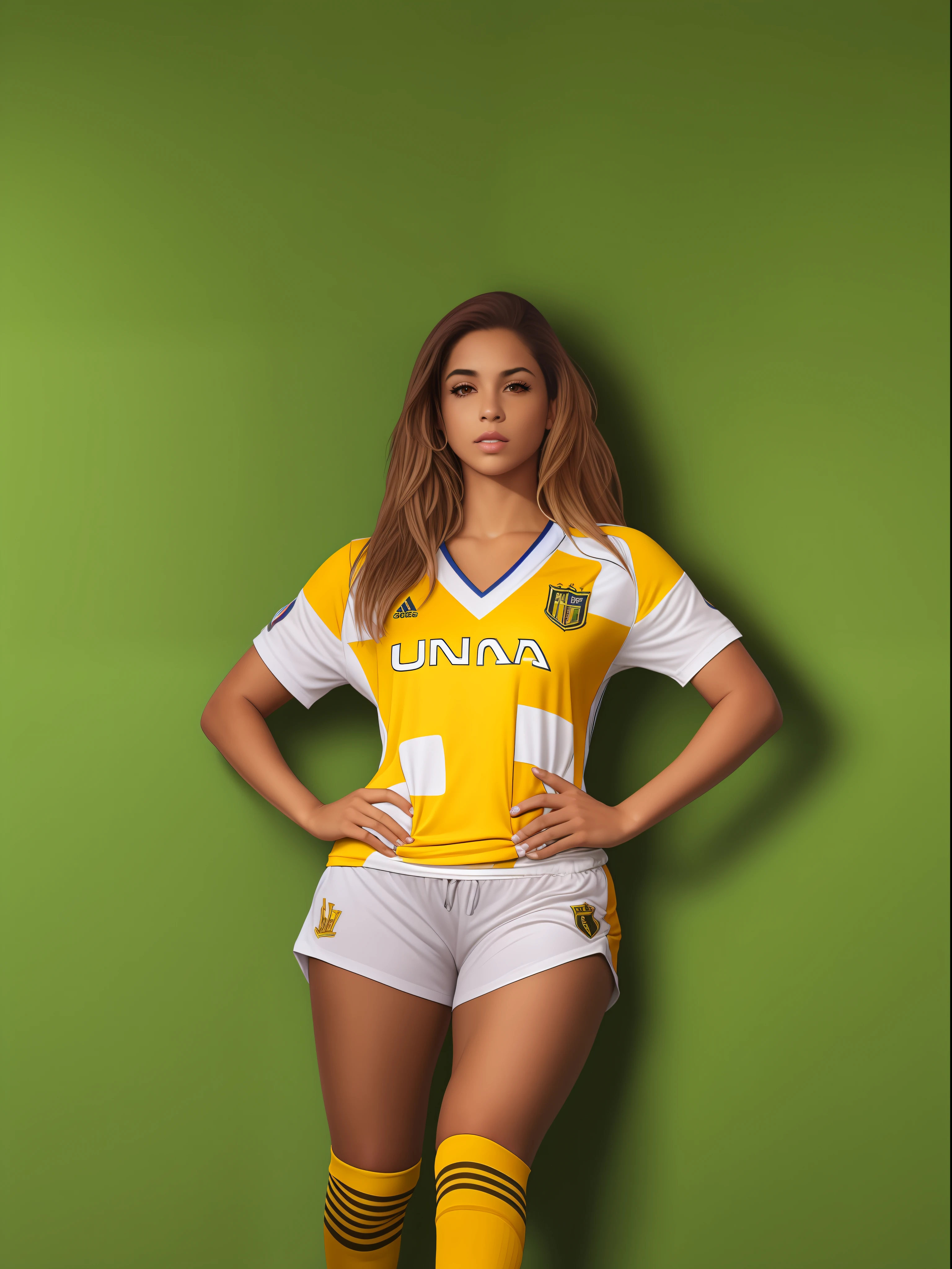 Uma mulher morena jogando futebol, com uniforme amarelo