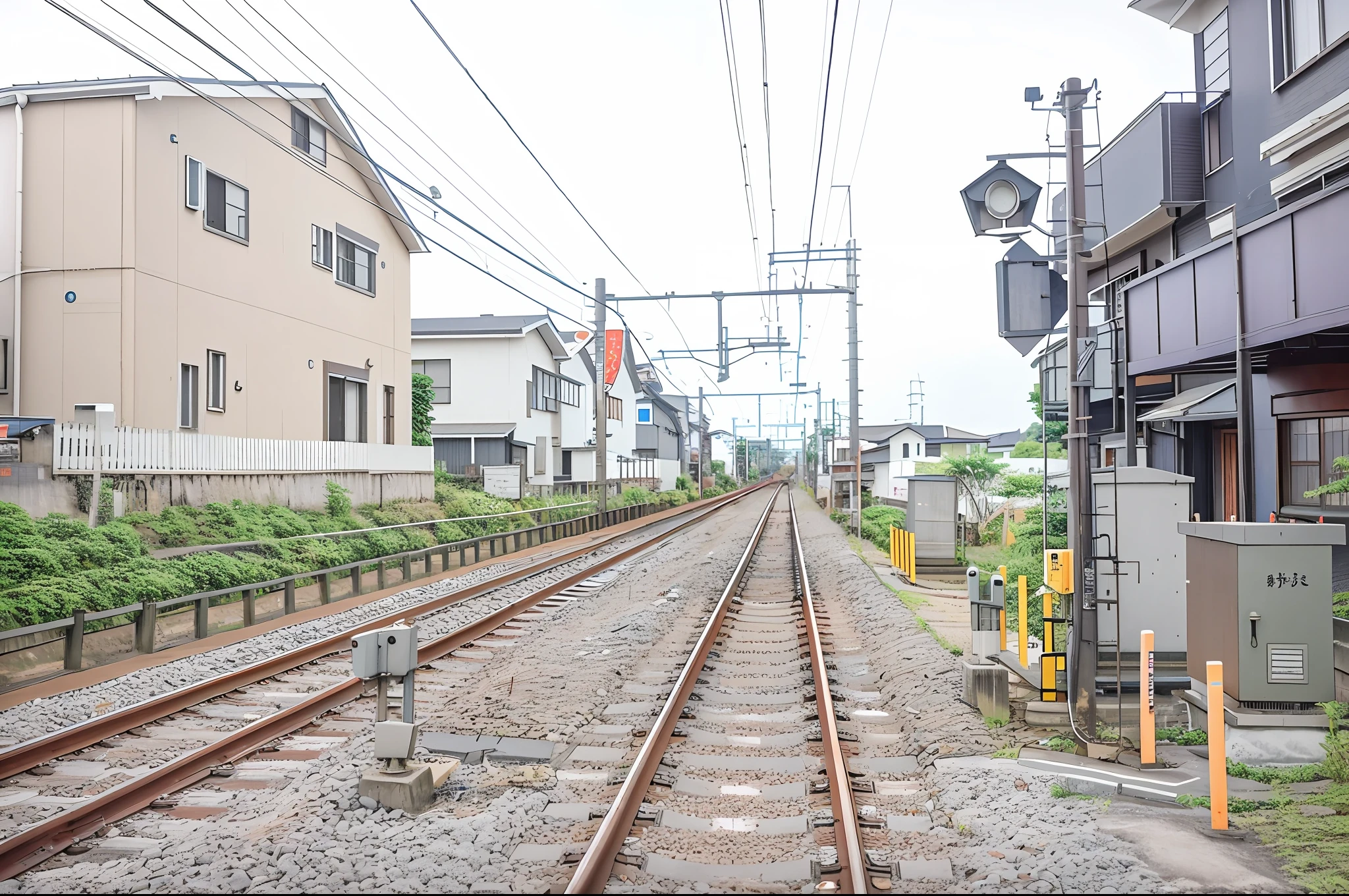 There are railroad tracks going down the tracks, sakimichan hdri, train station in summer, taken with sigma 2 0 mm f 1. 4, railway, In the distance, japan rural travel, train track, 2 4 mm iso 8 0 0, japanese neighborhood, toward to the camera, Railway tracks passing through it