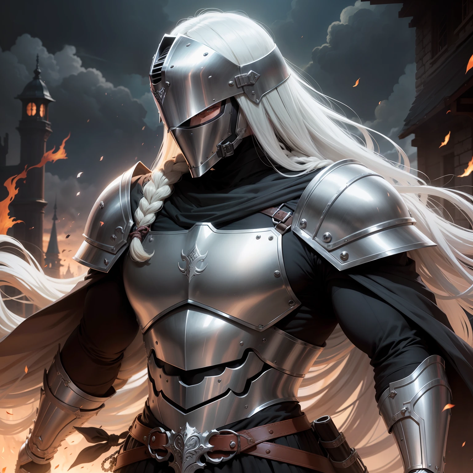 Anime,Cavaleiro, ((masculino)),Dullahan, stray head,souls coming out of your neck, armadura medieval, Head with helmet,espada longa em suas costas,1homen,long hair in a long braid,cabelos na cor cinza,olhos roxos brilhantes