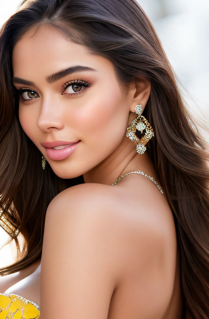 highly detailed portrait of the most beautiful woman posing elegantly, insanely detailed most beautiful face with cheek dimples!!, face like "combination of Yanet Garcia's and Sveta Bilyalova's and Adriana Lima's faces"