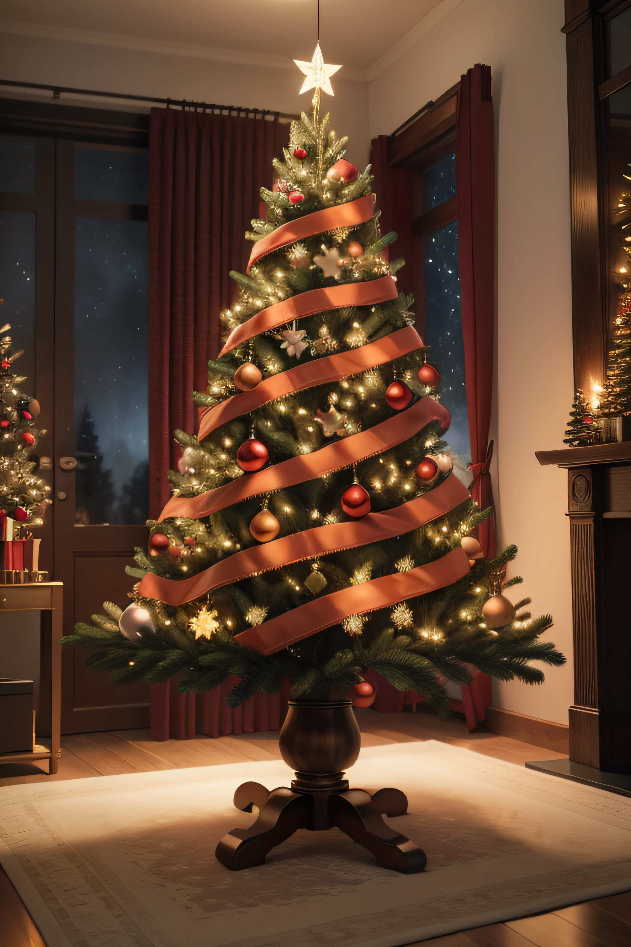 Realistic image of a Christmas tree, com luzes coloridas e desfocadas, ao lado de uma poltrona com tecido vermelho em uma sala de estar