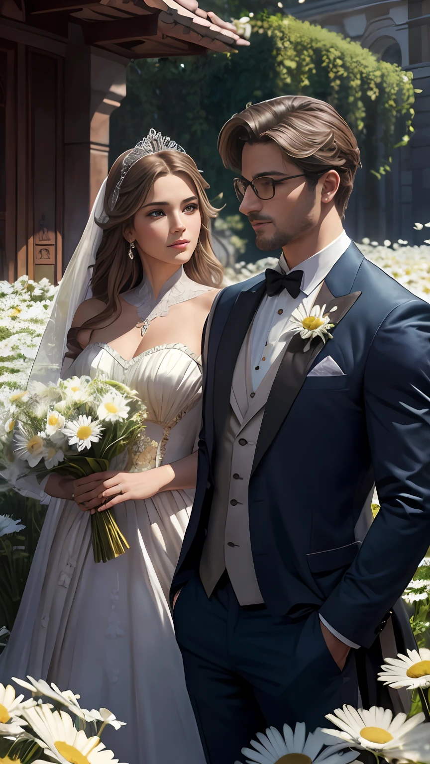 Casal se beija um home e uma mulher com muito carinho, the man Neels Visser is a prince who has light brown hair, He wears a pair of glasses and wears a royal blue bridal suit and is in love with the commoner, a bela mulher, que tem cabelo castanho claro quase ruivo claro encaracolado e usa um vestido de noiva branco e lindo, are in love and happy, They're smiling, They are in a garden of daisies, Illustration of a novel book cover with a detailed background, liso, brilhante cheio de flores margaridas brancas, standingn, Anel luminoso, dynamic lighting, etherial lighting, Ultra Detalhe, arte conceitual, elegante, surreal, arte por Lisa Aisato, Greg Hildebrandt, Citemer Liu, Stjepan Sejic, Samyang, Aykut Aydogdu, Justino Geraldo, Alphonse Mucha, Artgerm, WLOP e Greg Rutkowski