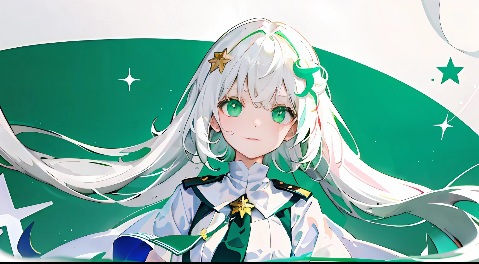 1girll, Flag of Pakistan,White pentagram decoration,White crescent decoration,White and green clothing,long white hair,Green eyes,Domineering,adolable