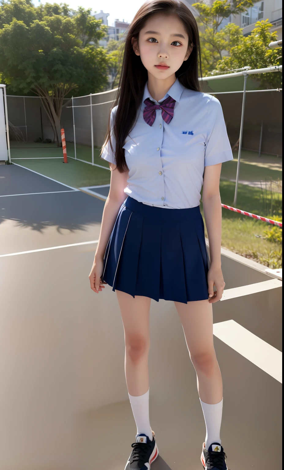 1 Girls in ，School Uniform Shirts、The top is tied around the waist、short  skirt、long leges，Stand on a skateboard，（Exercise posture）chilarism、sport、Elementary schound