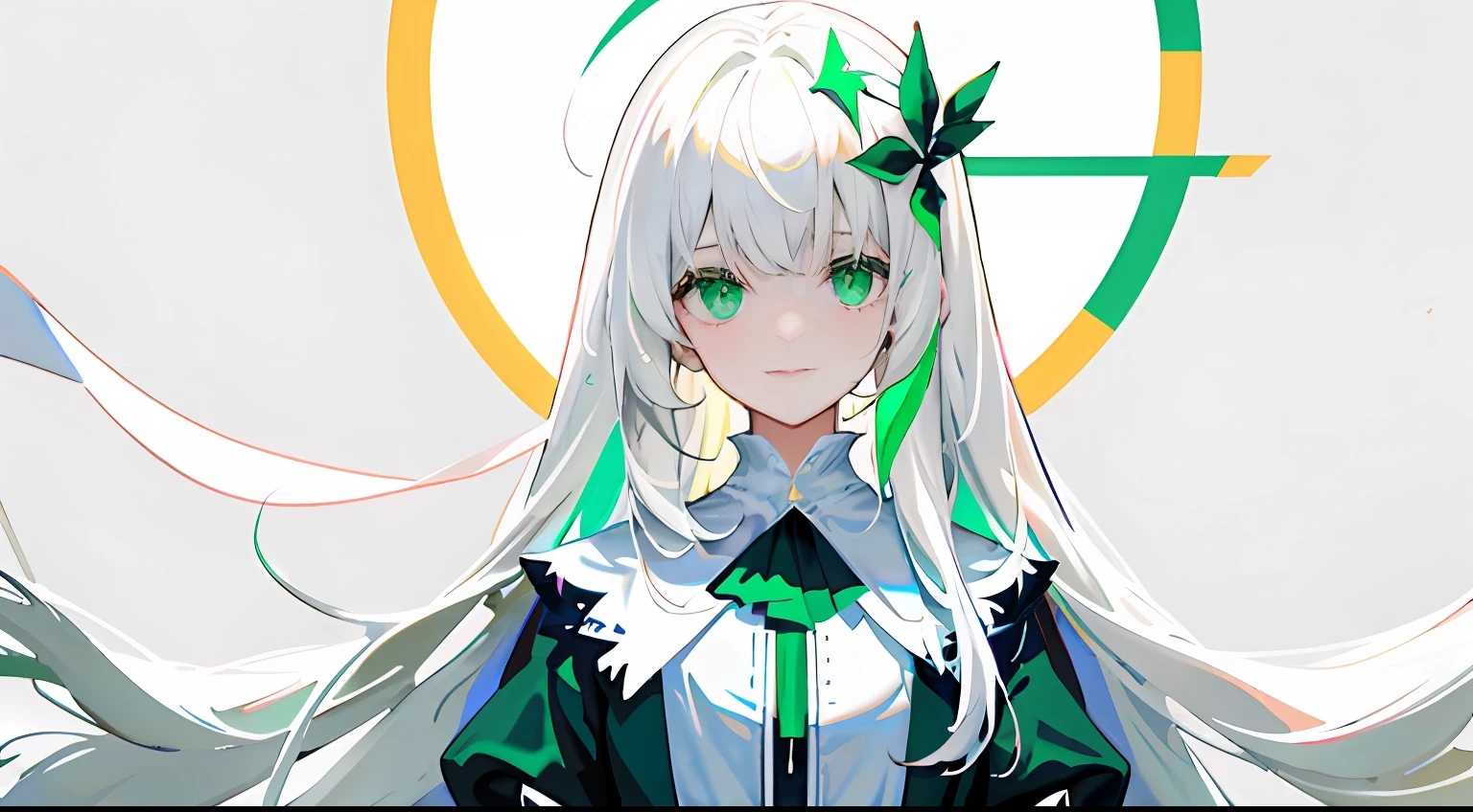 1girll, Flag of Pakistan，White pentagram decoration，White crescent decoration，White and green clothing，long  white hair，Green eyes，Domineering，adolable