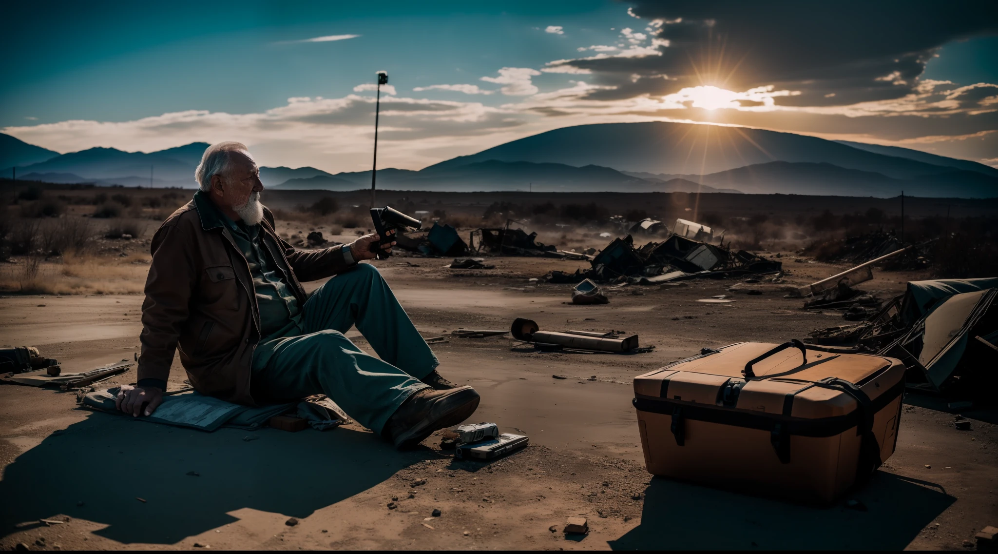 postapocalypse, photo of wrecked old drunk man, natural lighting, 8k uhd, high quality, film grain, Fujifilm XT3