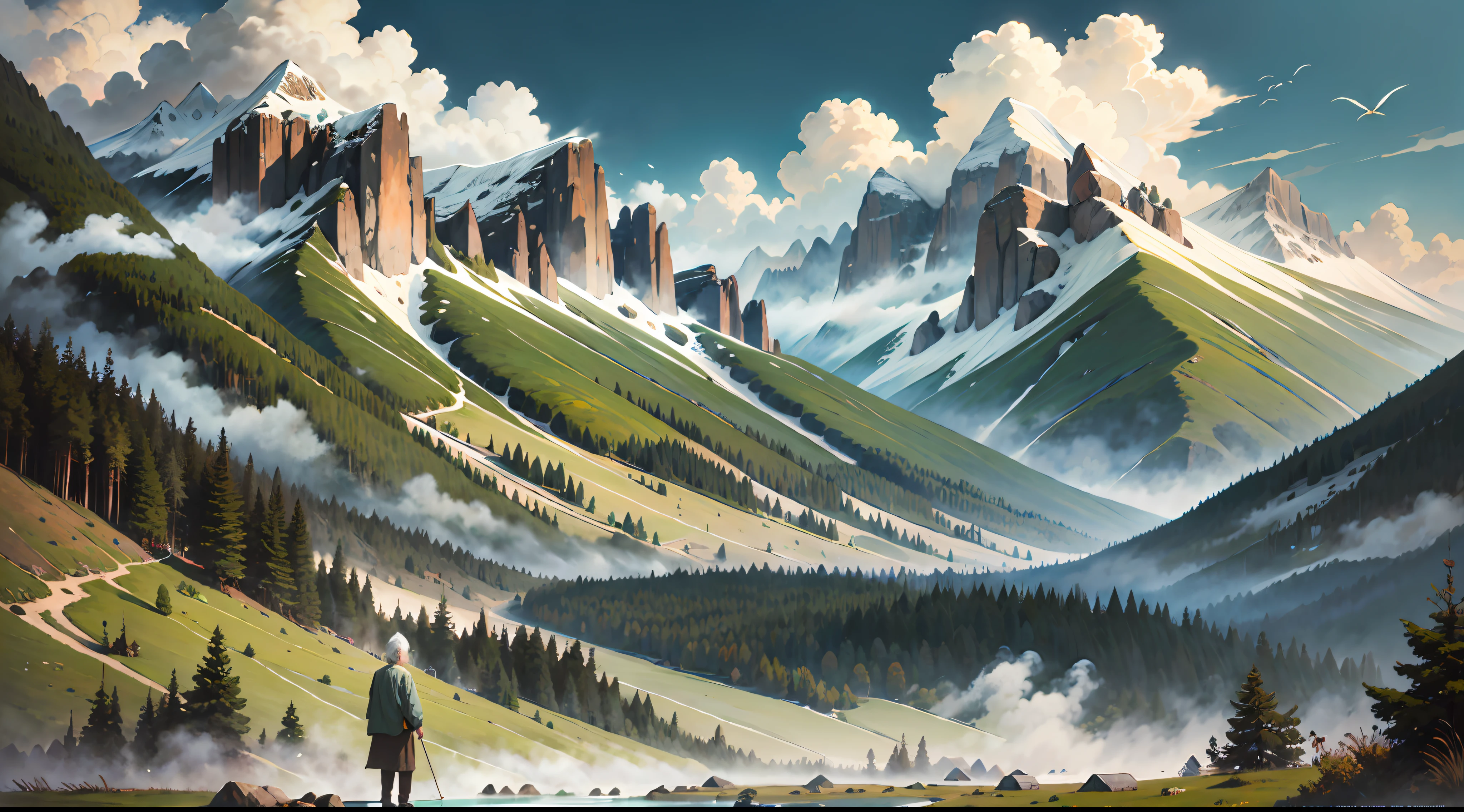(masterpiece), (best quality), realistic illustration, 1 elderly, almost full body, tattered clothes, white hair, green mountains, high mountains, beautiful view,