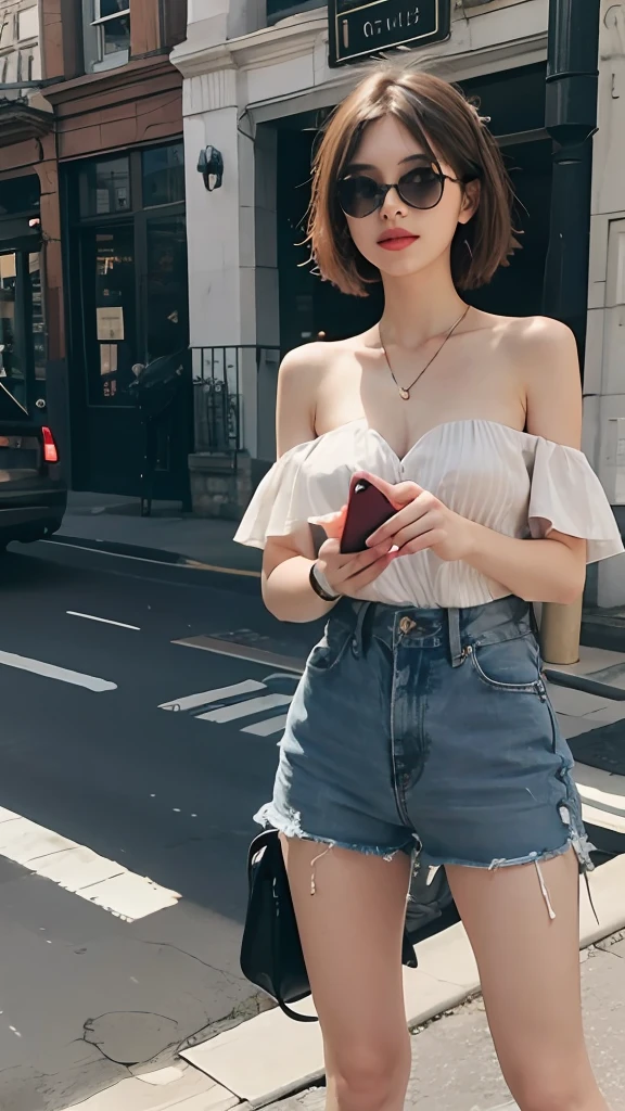 Beautiful woman, fiddling with cell phone in the middle of the street, short clothes
