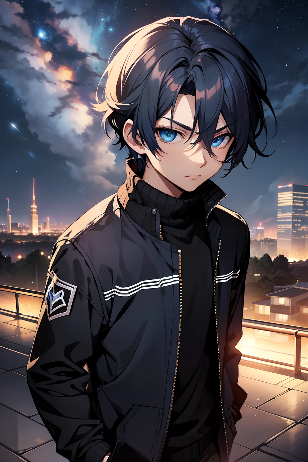 young boy, 17 years old, dark blue hair, walking in plains, black sweater, blue eyes, kirito hairstyle, in the night, stars in the sky, 4k