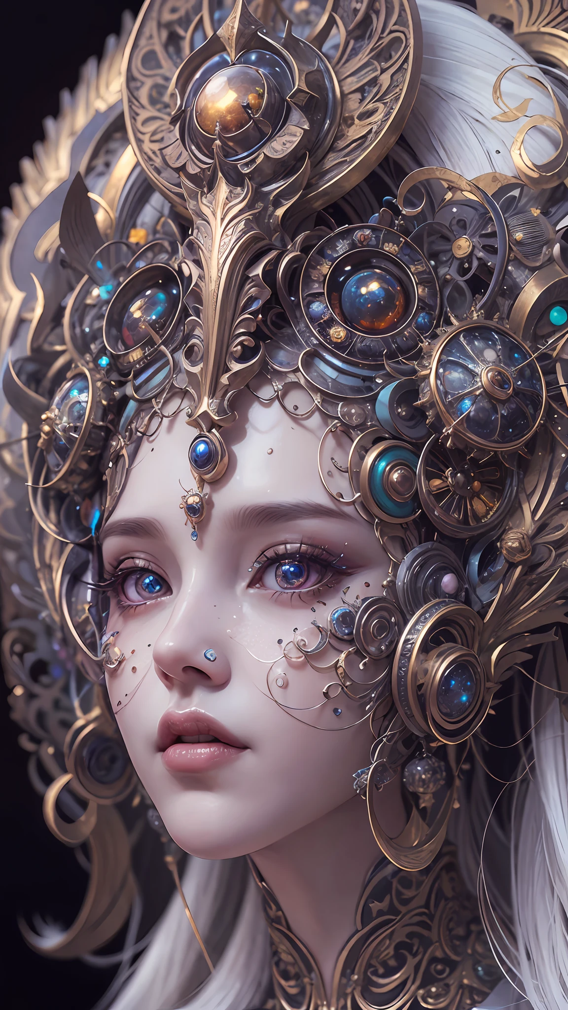 （best qualtiy，ultra - detailed，Most Best Illustration，Best shadow，tmasterpiece，A high resolution，professionalartwork，famousartwork），Detailed eyes，beautidful eyes，closeup cleavage，sci-fy，colored sclera，Robot eyes，face markings，Tattooed with，（fractalized，Fractal eyes），largeeyes，Wide eyes，（Eye focus），sface focus，Cosmic eyes，Space eyes，Close-up of metal sculpture of a woman with a moon in her hair，goddes。extremly high detail，3 d goddess portrait，Extremely detailed footage of the goddess，a stunning portrait of a goddess，Side image of the goddess，portrait of a beautiful goddess，Full body close-up portrait of the goddess，hecate goddess，portrait of a norse moon goddess，goddess of space and time