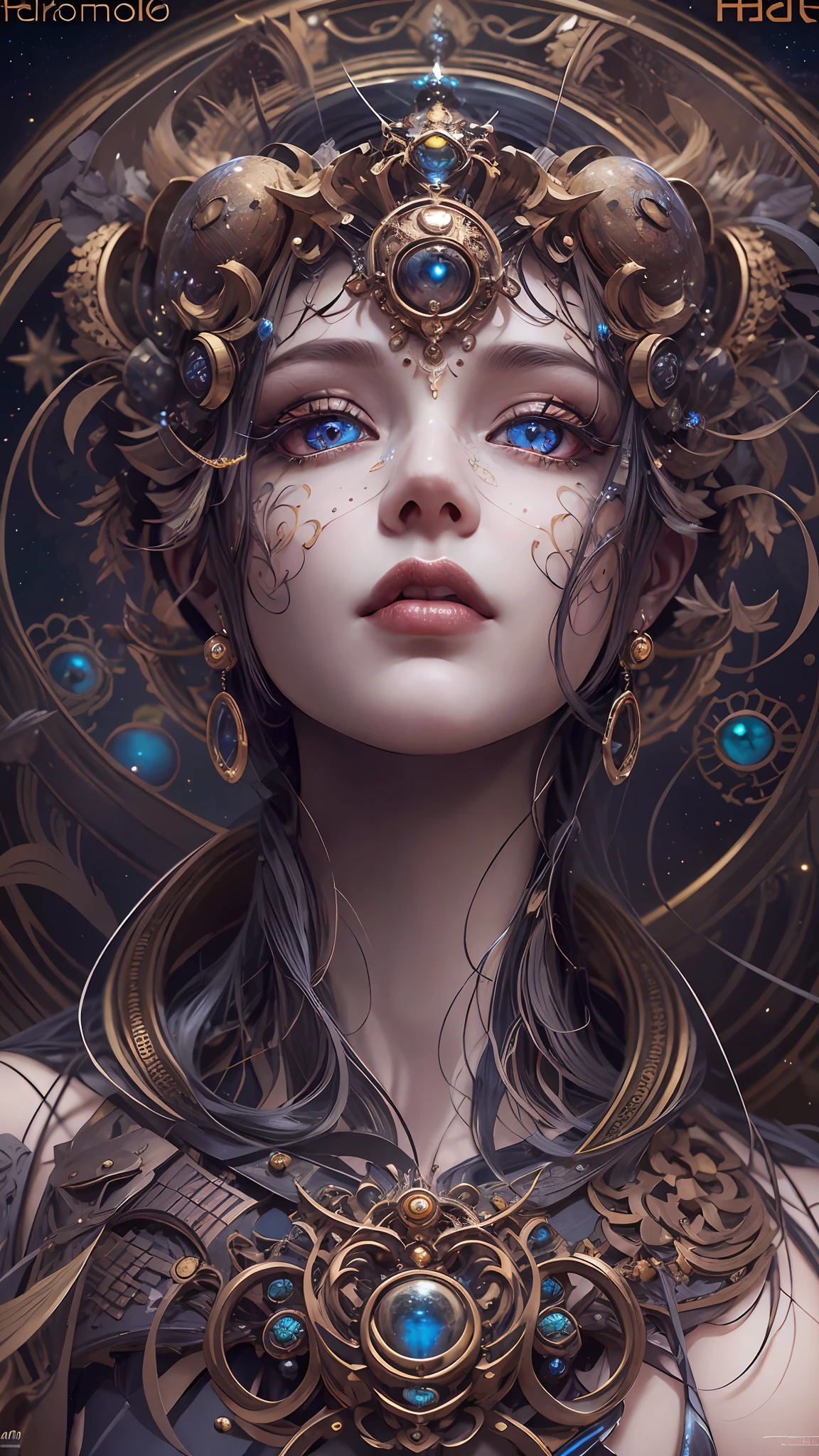 (best qualtiy,ultra - detailed,Most Best Illustration,Best shadow,tmasterpiece,A high resolution,professionalartwork,famousartwork),Detailed eyes,beautidful eyes,closeup cleavage,sci-fy,colored sclera,Robot eyes,face markings,Tattooed with,(fractalized,Fractal eyes),largeeyes,Wide eyes,(Eye focus),sface focus,Cosmic eyes,Space eyes,Close-up of metal sculpture of a woman with a moon in her hair,goddes。extremly high detail,3 d goddess portrait,Extremely detailed footage of the goddess,a stunning portrait of a goddess,Side image of the goddess,portrait of a beautiful goddess,Full body close-up portrait of the goddess,hecate goddess,portrait of a norse moon goddess,goddess of space and time