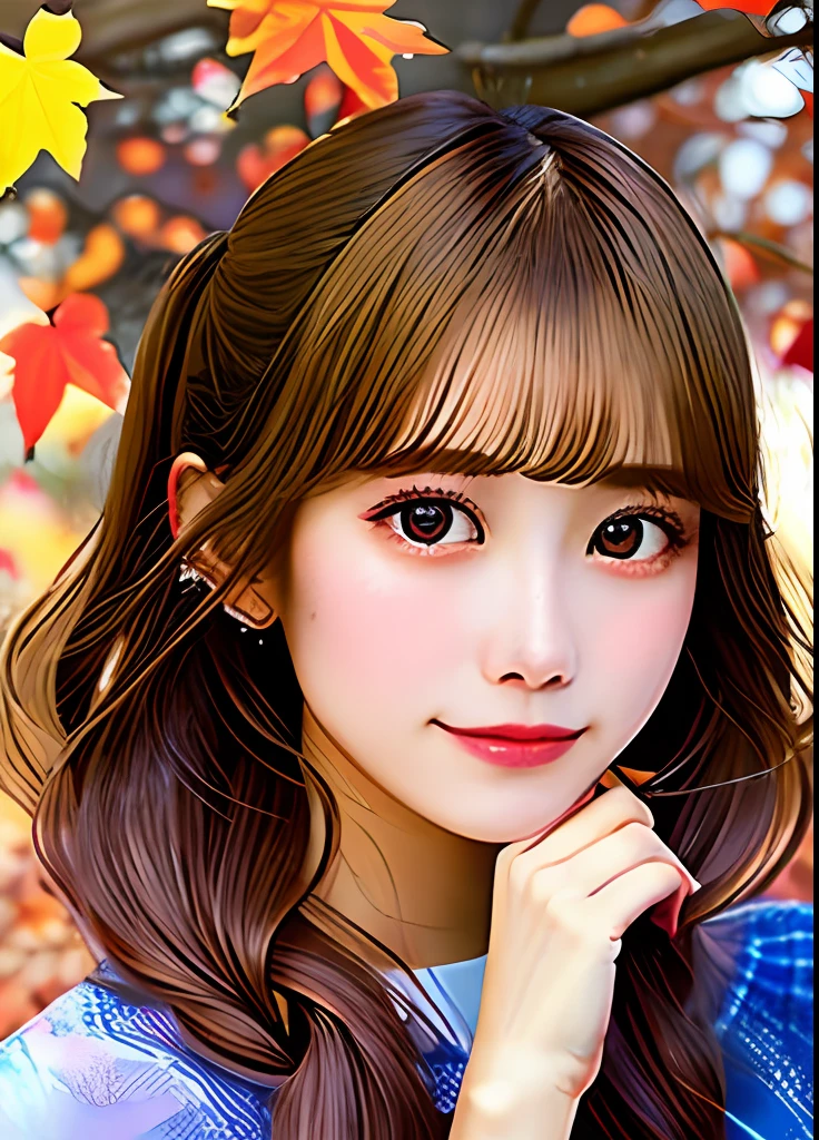 Beautuful Women、Bright design、PastelColors、the wind、Ink dripping、autumn lights、shinny skin、the pose、full body Esbian、stele、Brown hair、poneyTail