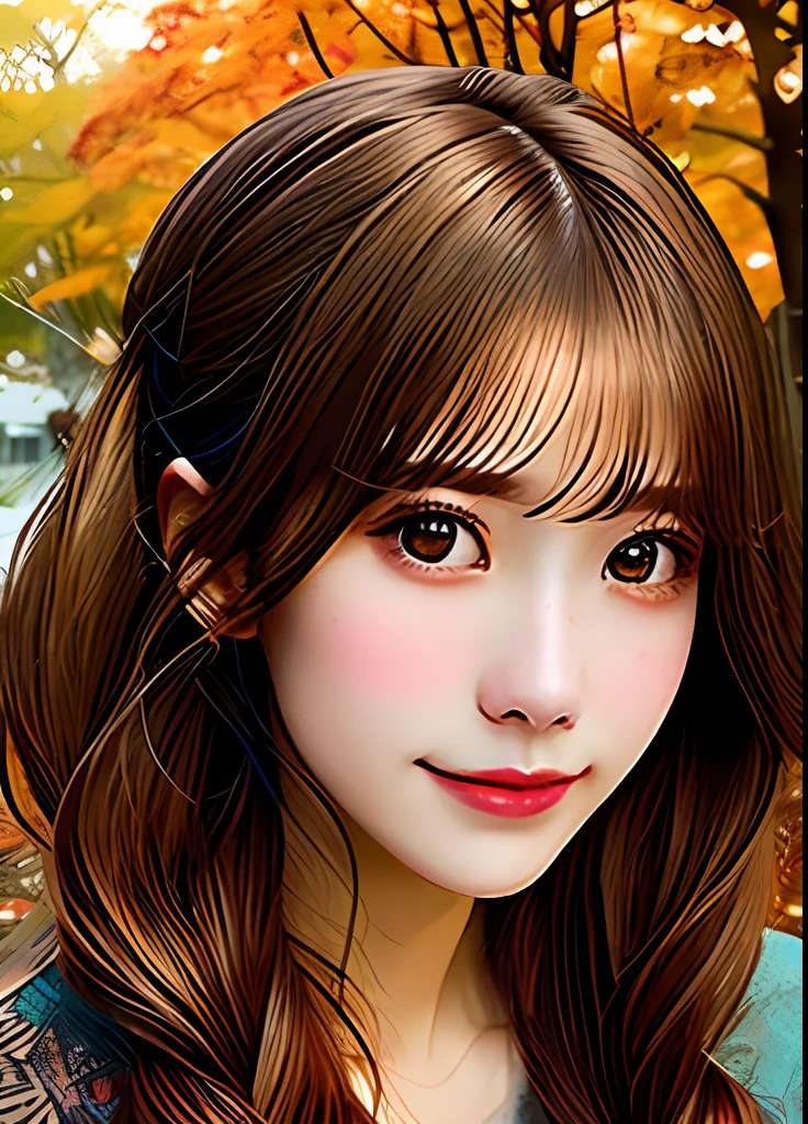 Beautuful Women、Bright design、PastelColors、the wind、Ink dripping、autumn lights、shinny skin、the pose、full body Esbian、stele、Brown hair、poneyTail